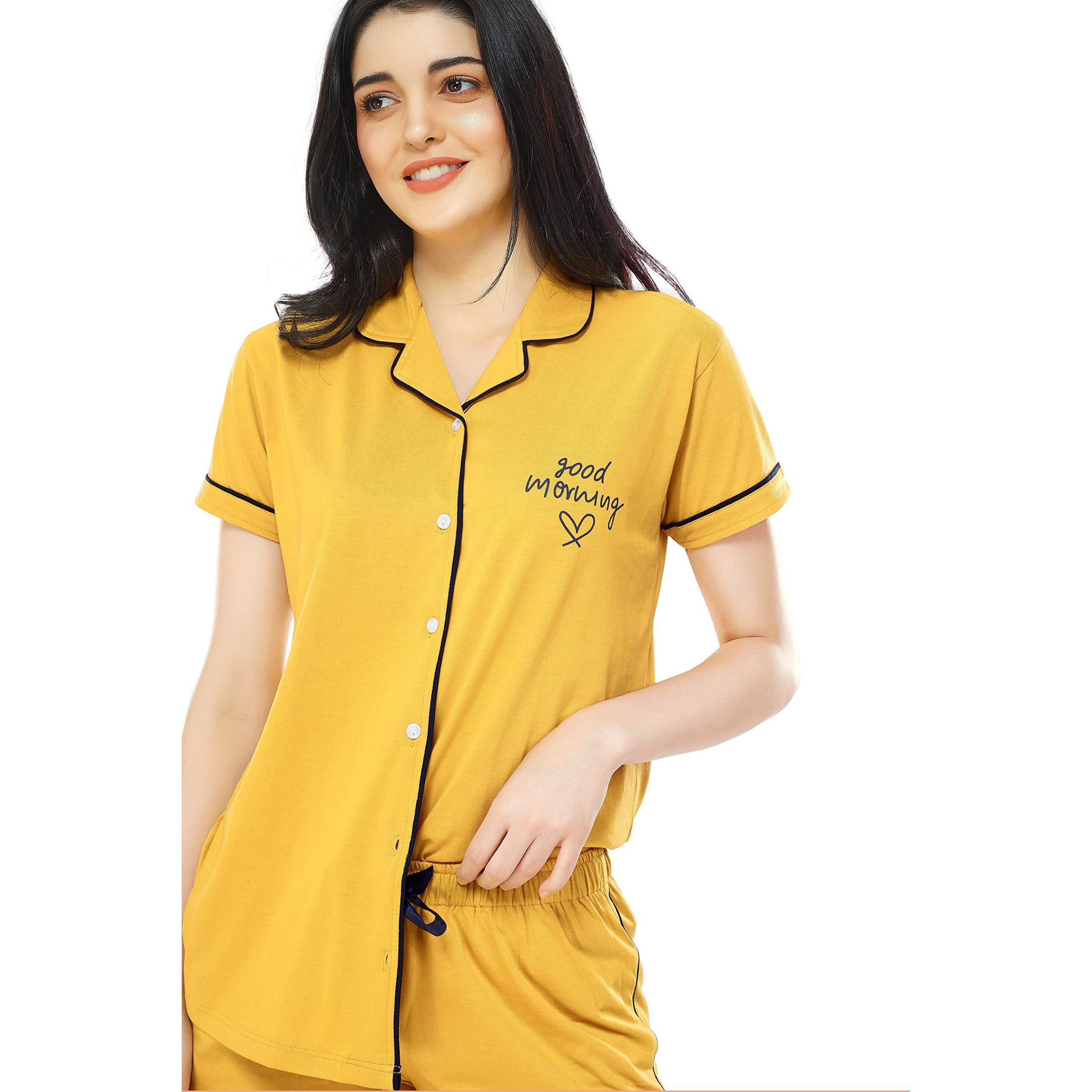 Zeyo Women's Cotton Solid Plain Yellow Pajama Set Night Suit Set Of Shirt & Pyjama 5238, Small