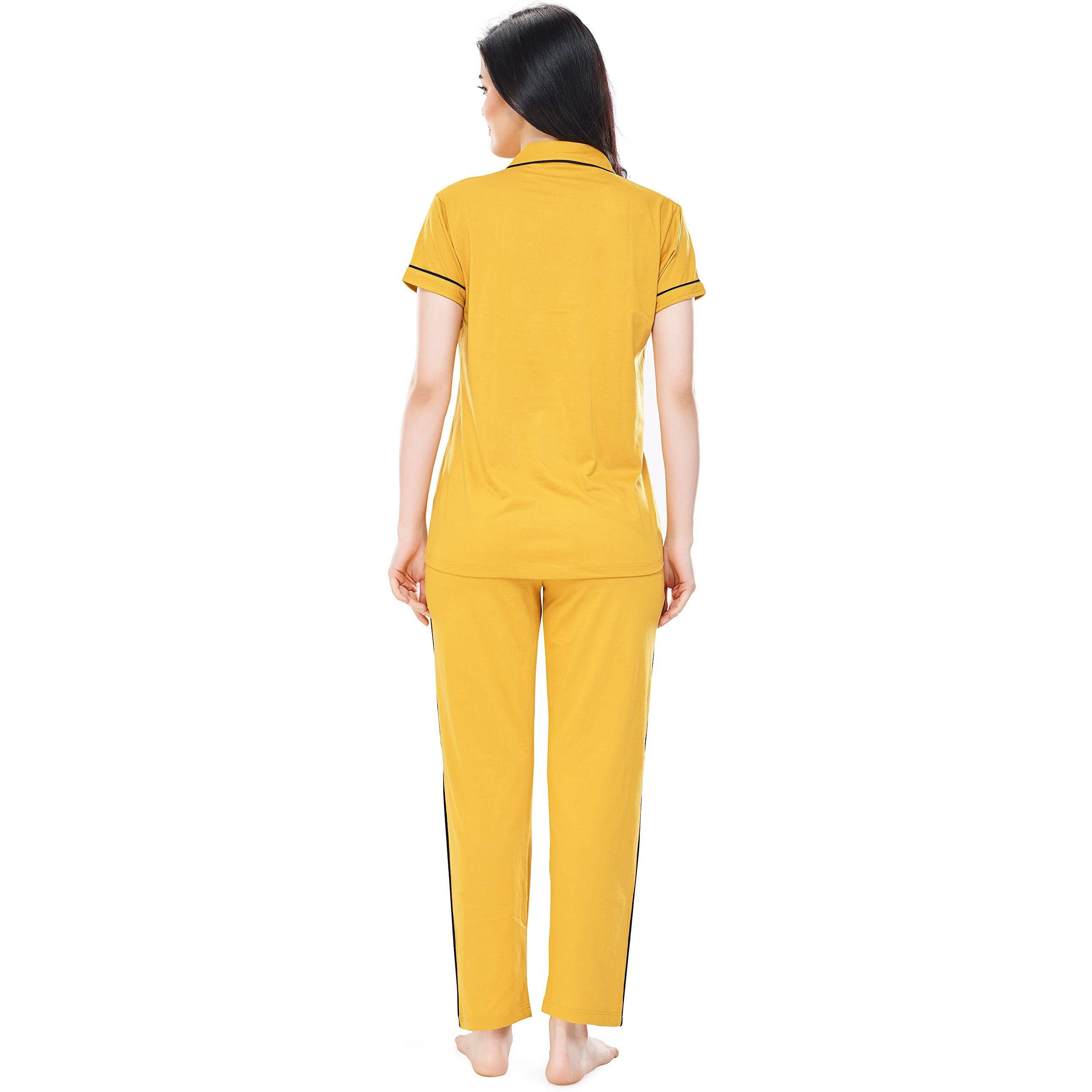 Zeyo Women's Cotton Solid Plain Yellow Night Suit Set Of Shirt & Pyjama 5238