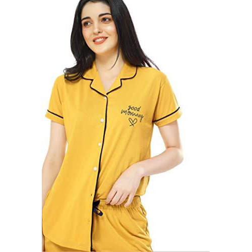 Zeyo Women's Cotton Solid Plain Yellow Pajama Set Night Suit Set Of Shirt & Pyjama 5238, Medium