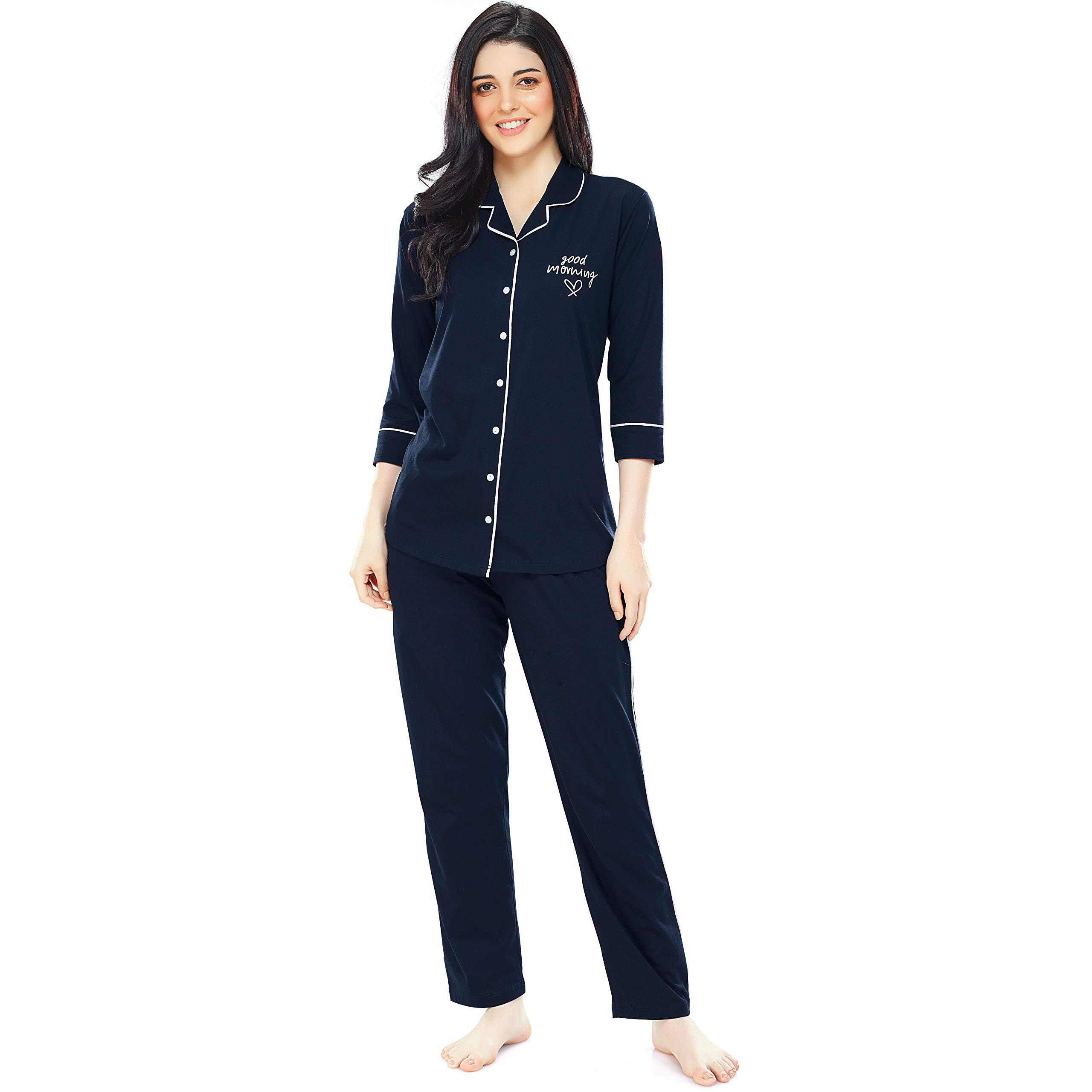 Zeyo Women's Cotton Solid Plain Navy Blue Night Suit Set Of Pajama Set, 2Xl