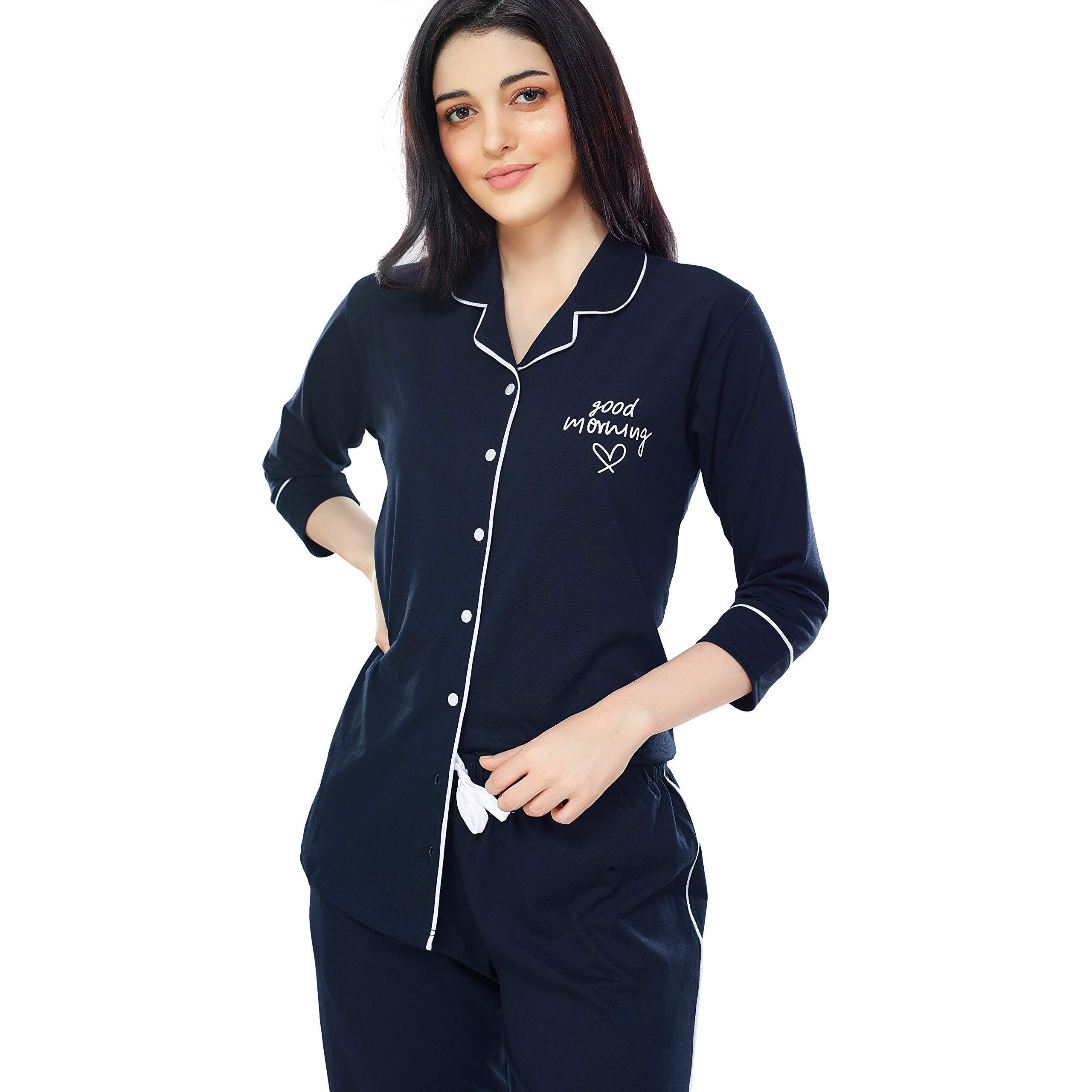 Zeyo Women's Cotton Solid Plain Navy Blue Night Suit Set Of Pajama Set, 2Xl