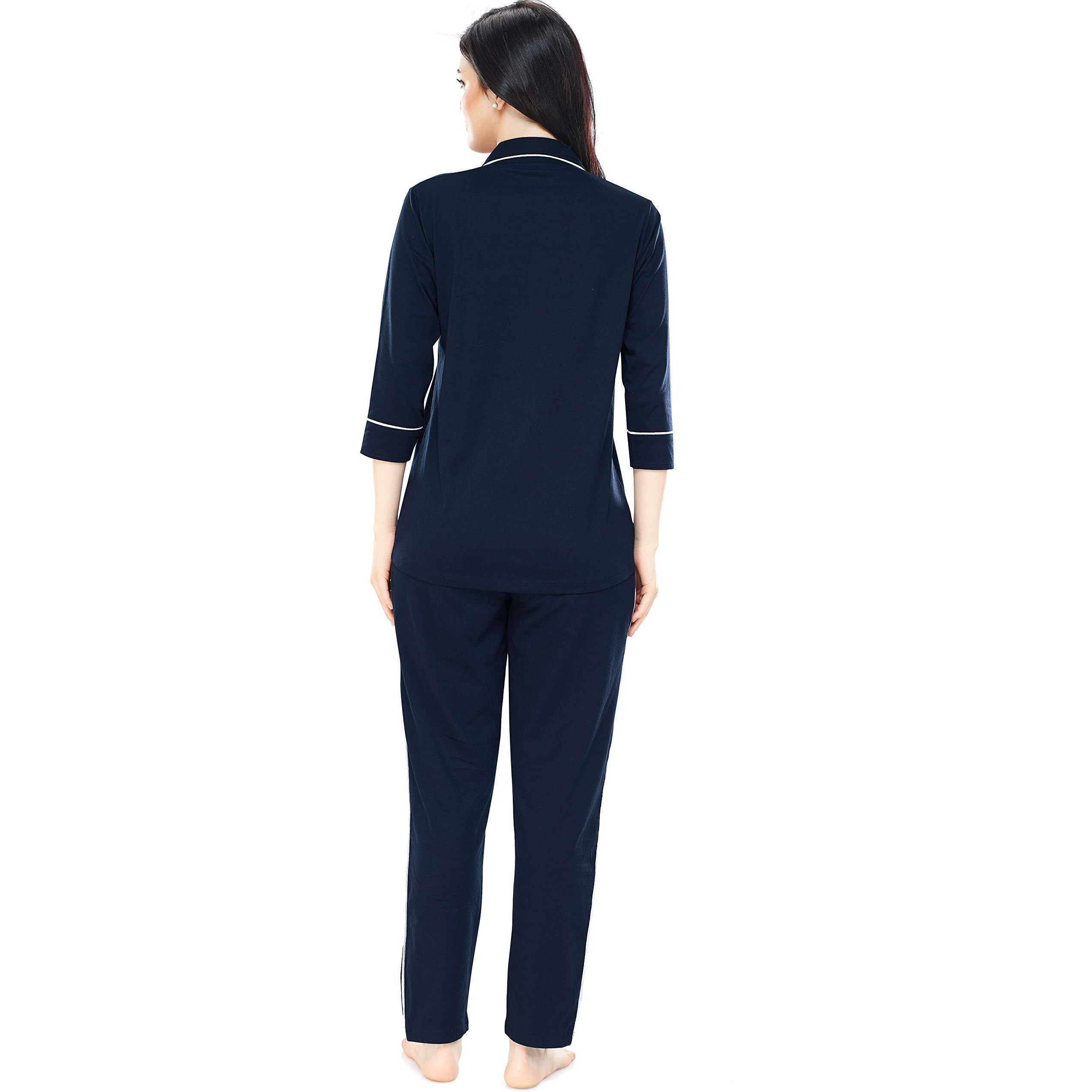 Zeyo Women's Cotton Solid Plain Navy Blue Night Suit Set Of Pajama Set, 2Xl