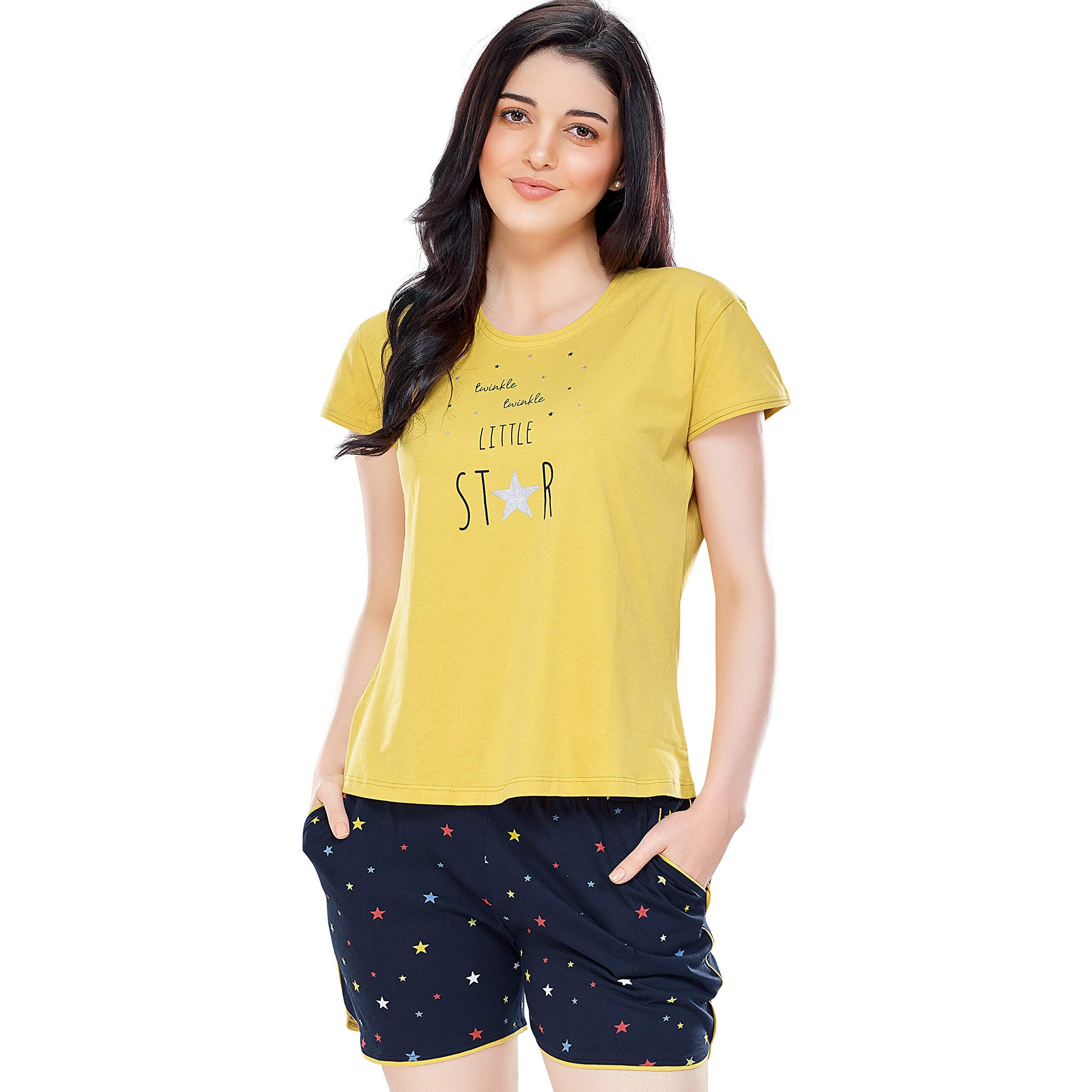 Zeyo Women's Pure Cotton Star Printed Yellow & Navy Blue Pajama Set Night Suit Set Of Top & Shorts 5231, Large