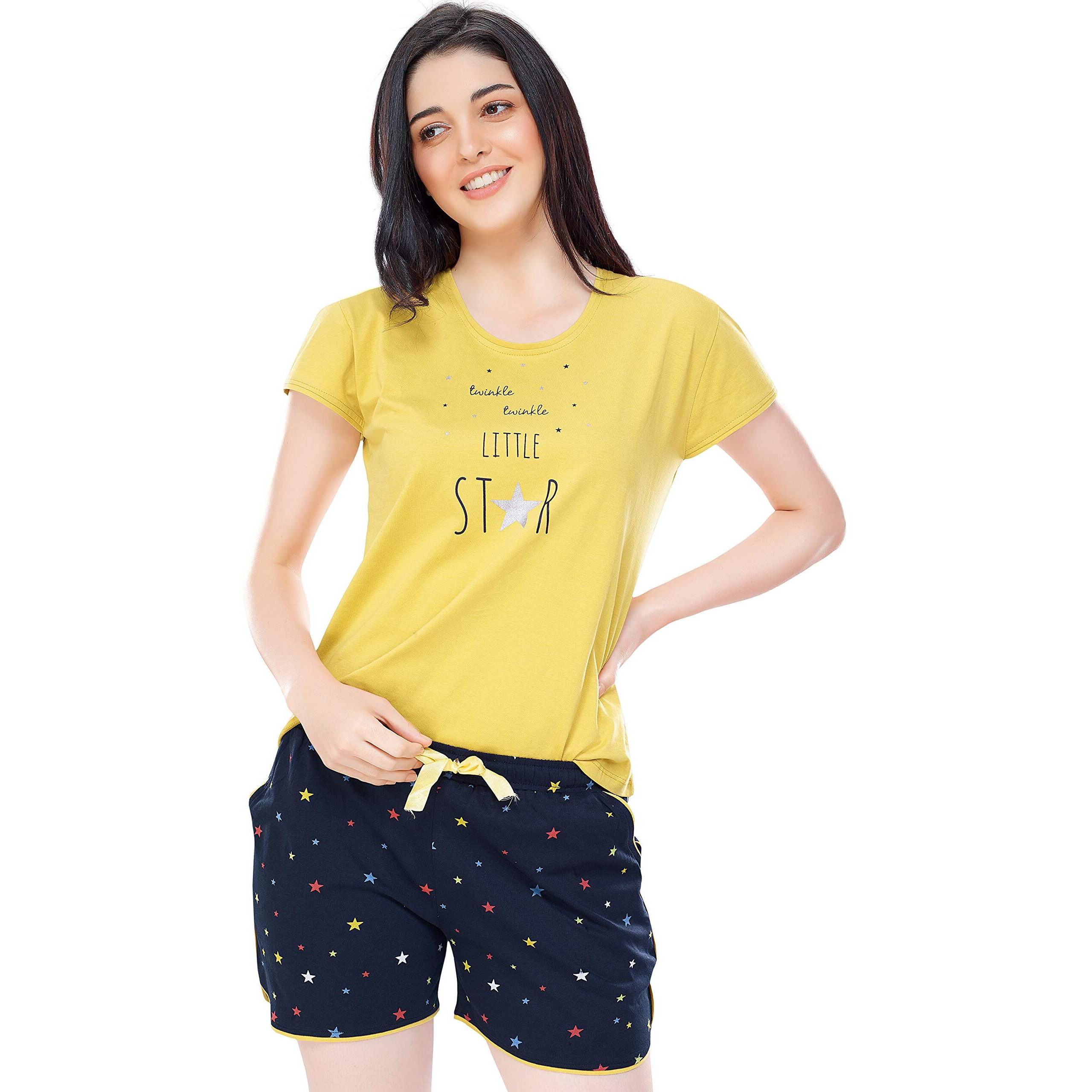 Zeyo Women's Pure Cotton Star Printed Yellow & Navy Blue Pajama Set Night Suit Set Of Top & Shorts 5231, Large