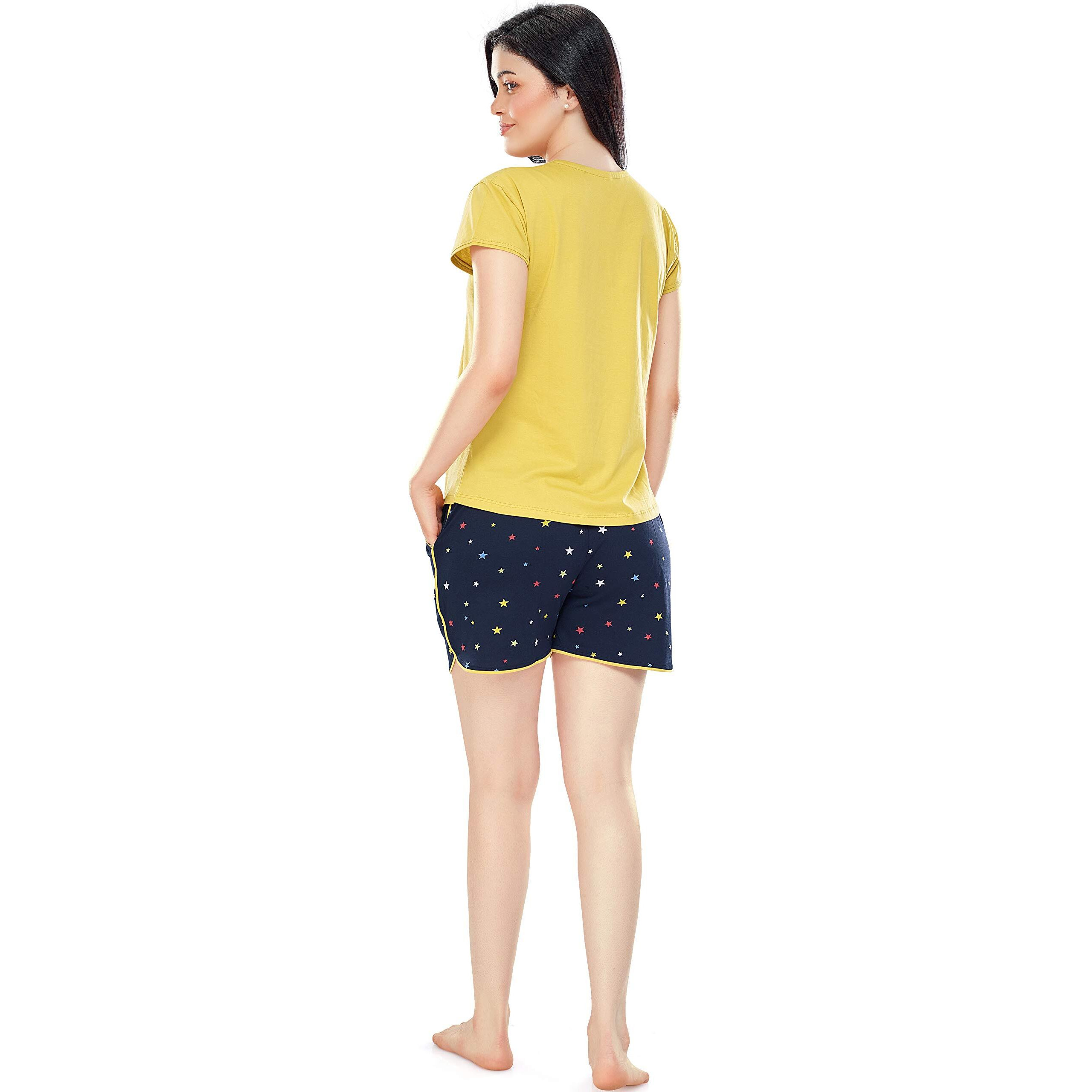 Zeyo Women's Pure Cotton Star Printed Yellow & Navy Blue Pajama Set Night Suit Set Of Top & Shorts 5231, Large