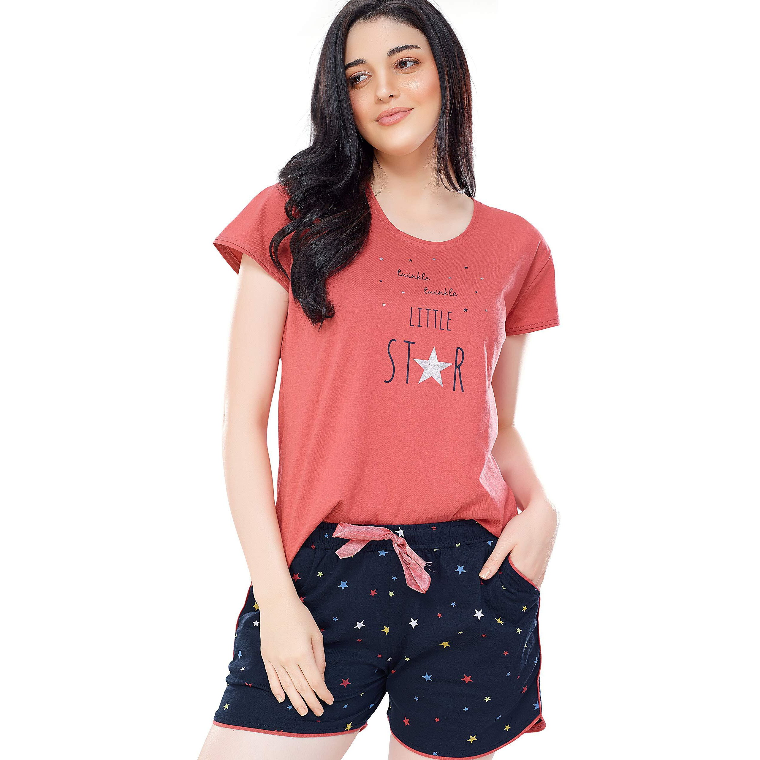Zeyo Women's Cotton Star Printed Peach & Navy Blue Pajama Set Night Suit Set Of Top & Shorts 5231, X-Large