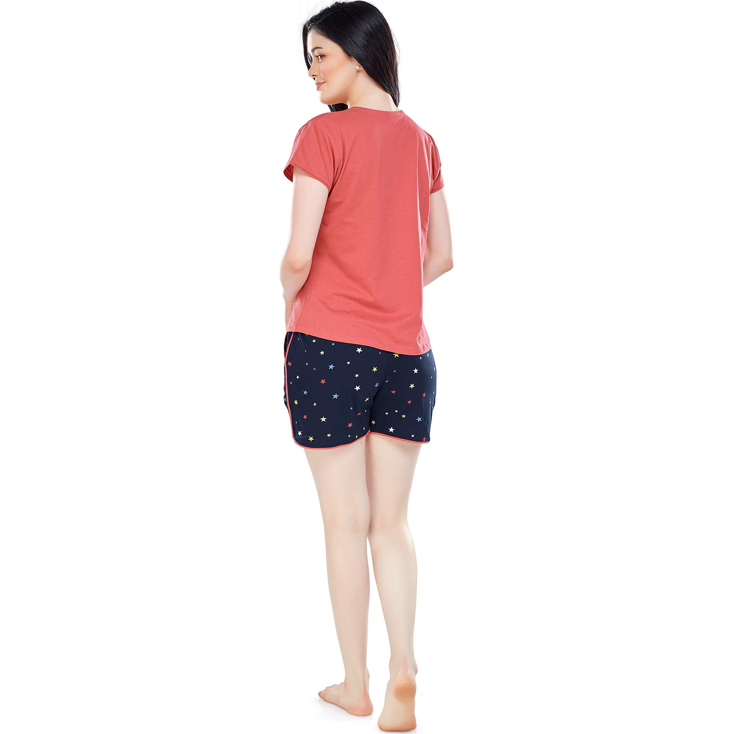 Zeyo Women's Cotton Star Printed Peach & Navy Blue Pajama Set Night Suit Set Of Top & Shorts 5231, X-Large