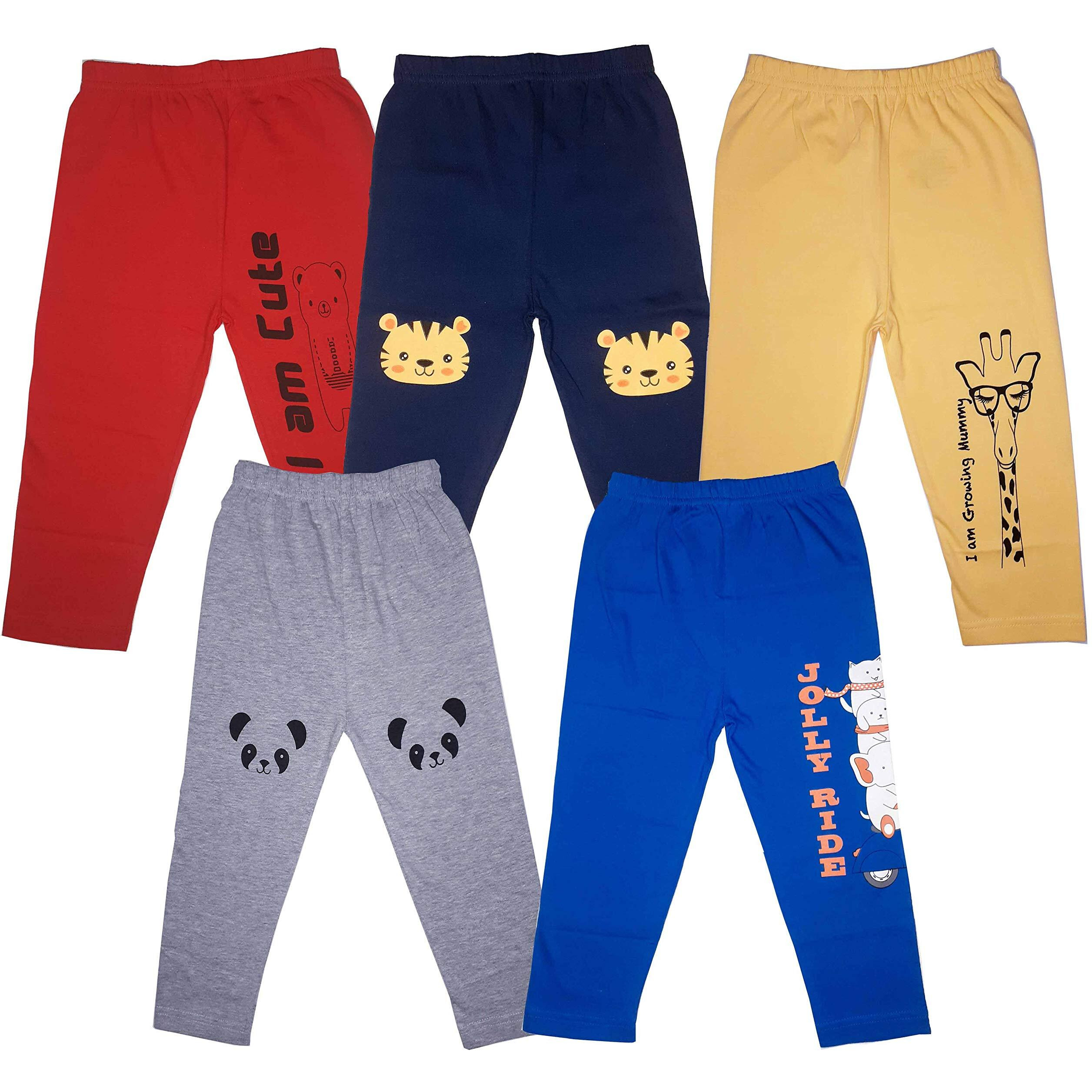 Totztouch Boy's Baby Pants | Pajamas | Bottoms | Lowers | Mid Rise Track Pants Full Length Cute Prints On Knee Cotton Combo Pack Of 5 Regular Fit 3 To 4 Years, Assorted