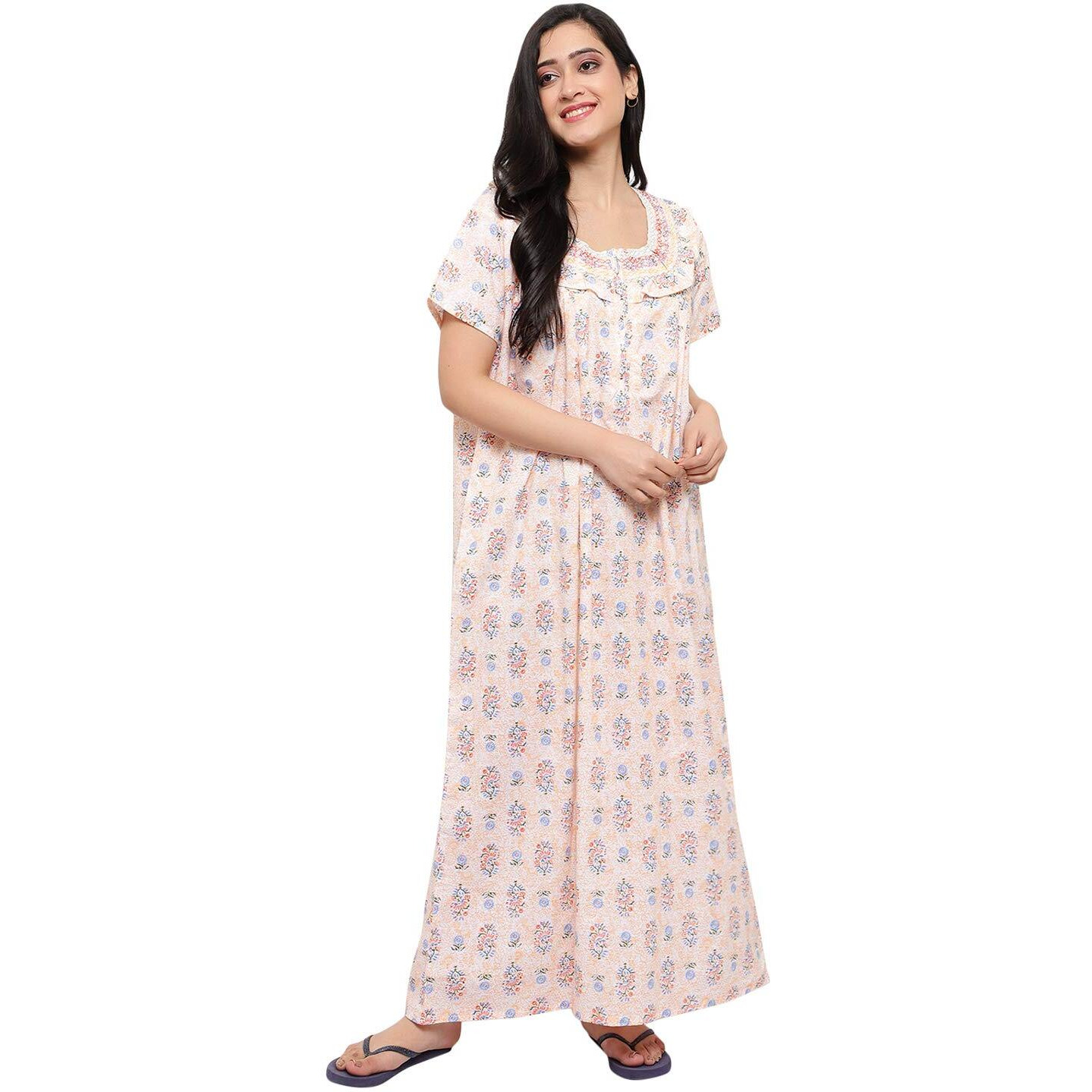 Cierge Women's Cotton Printed Maxi Smoking Zip Nighty (Free Size Pack Of 3) Multicolour