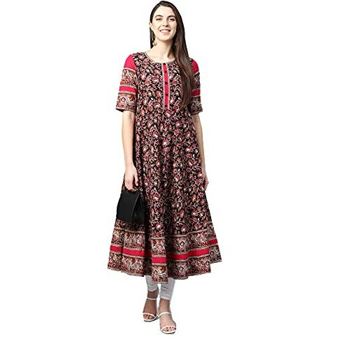 Yash Gallery Women's Cotton Floral Printed Anarkali Kurta For Women (1262Ykblack_Black_Xxx-Large)
