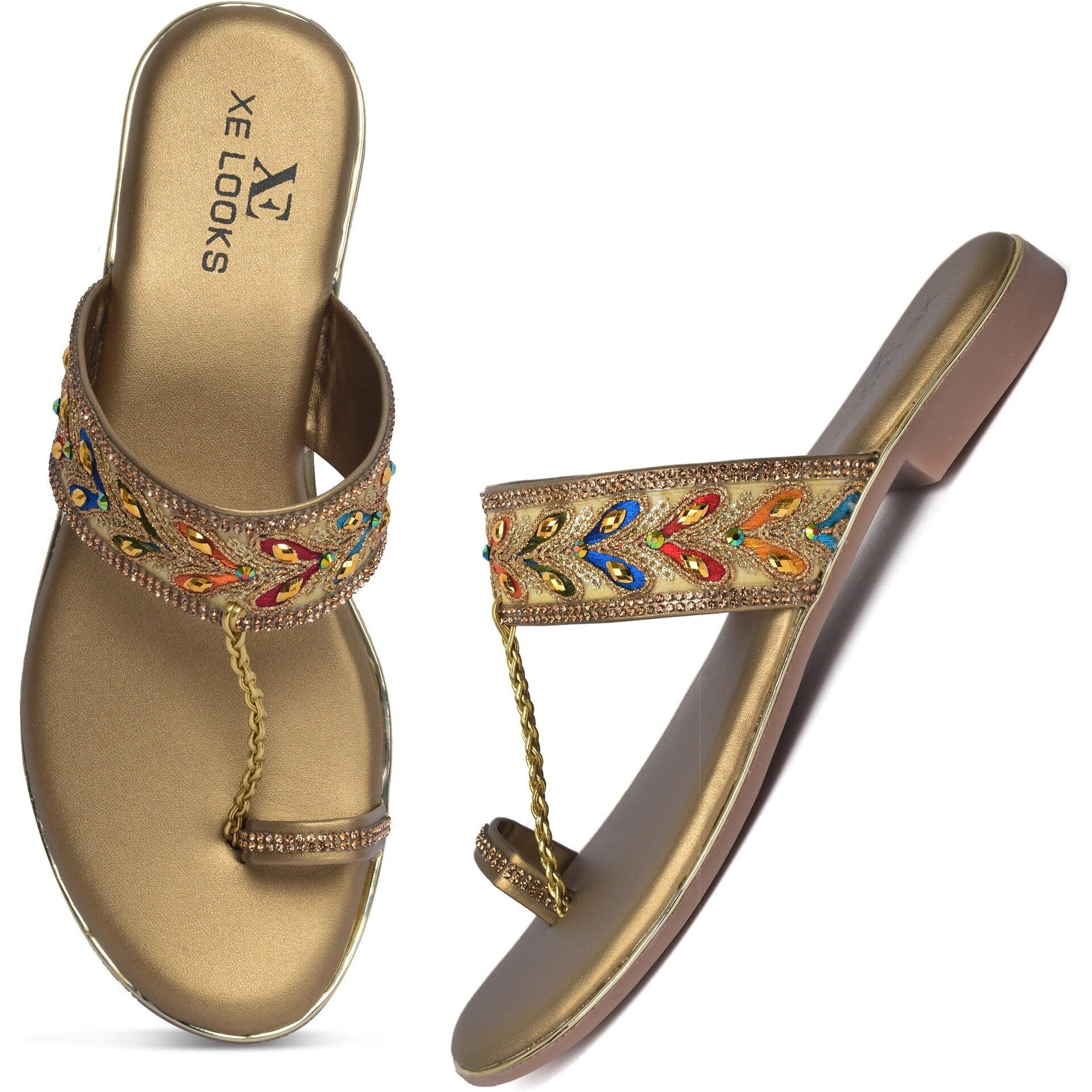 Xe Looks Women's Copper Embellished Flat Slippers | Multicolor Beaded Strap With Toe Loop | Premium Comfort & Quality Flat Slippers For Girls & Women