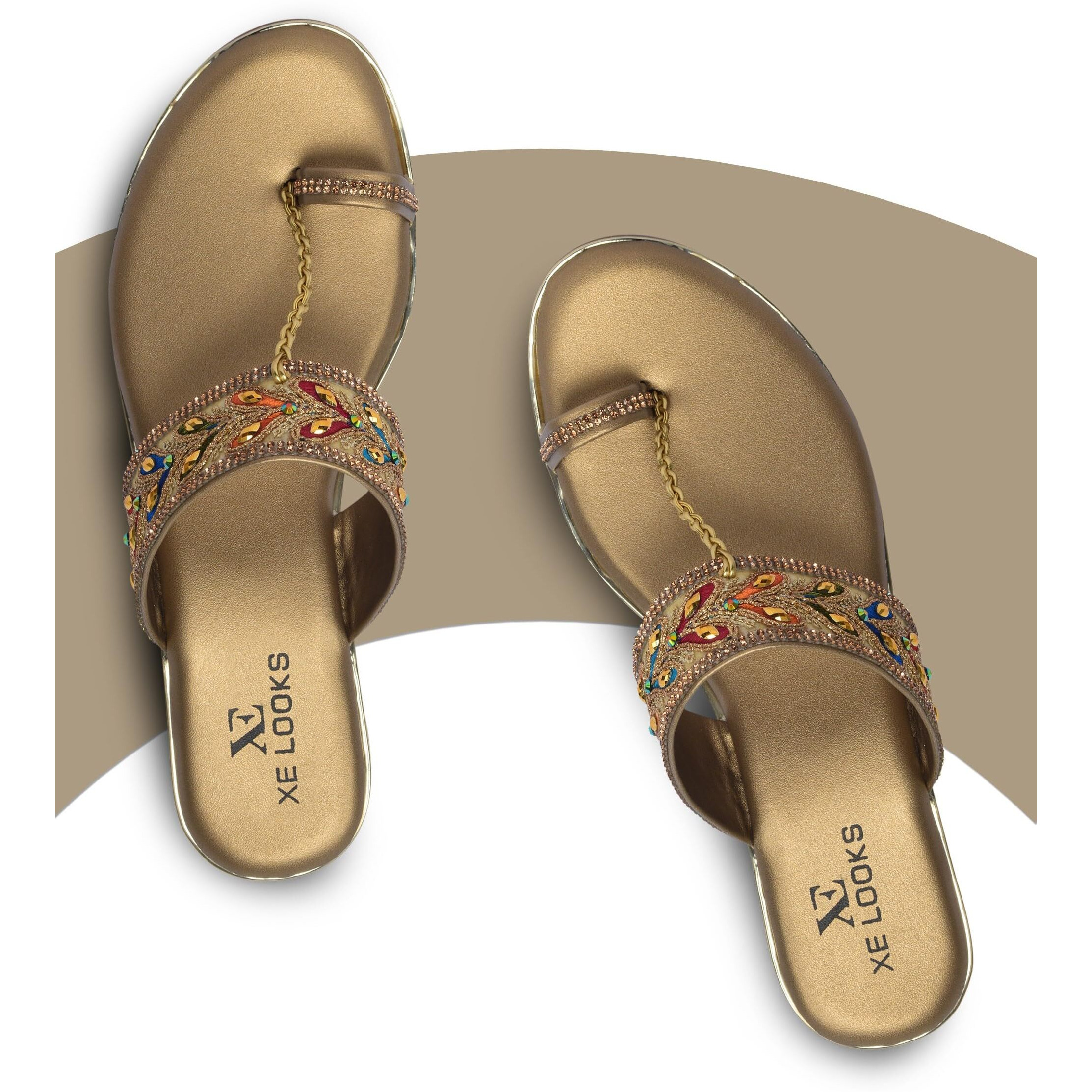 Xe Looks Women's Copper Embellished Flat Slippers | Multicolor Beaded Strap With Toe Loop | Premium Comfort & Quality Flat Slippers For Girls & Women