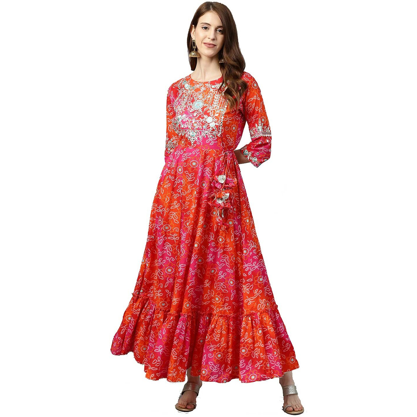 Rytras Women's Cotton Printed Anarkali Embroidery Kurti(Red & Orange,M)