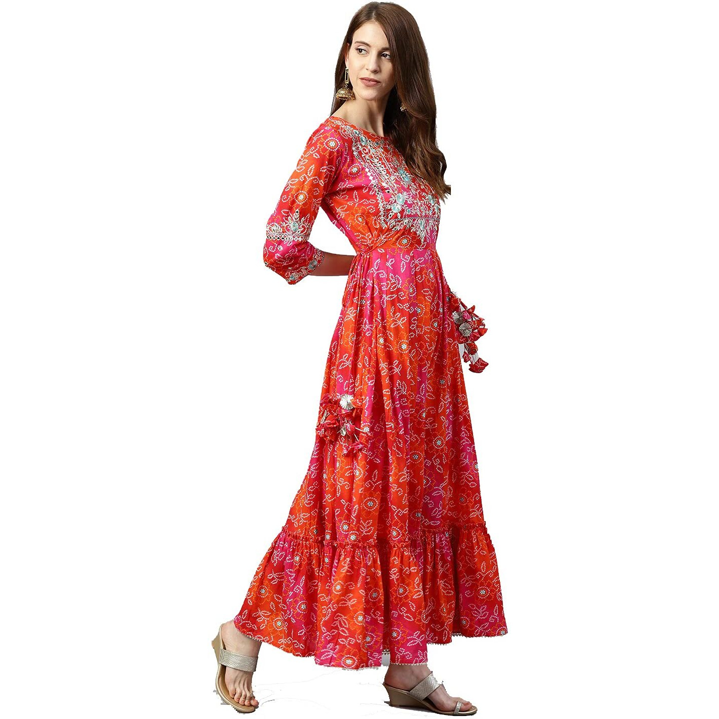 Rytras Women's Cotton Printed Anarkali Embroidery Kurti(Red & Orange,M)
