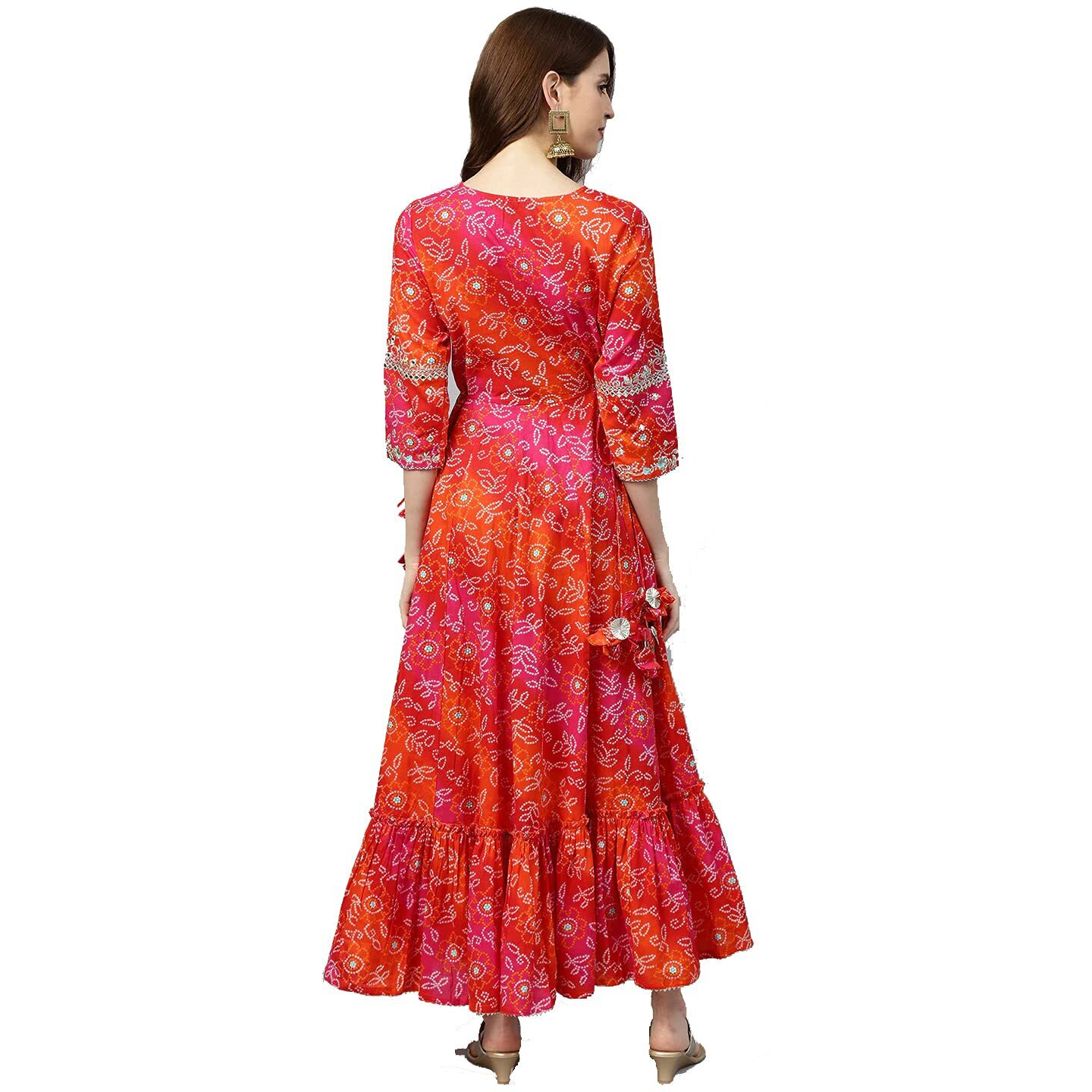 Rytras Women's Cotton Printed Anarkali Embroidery Kurti(Red & Orange,L)
