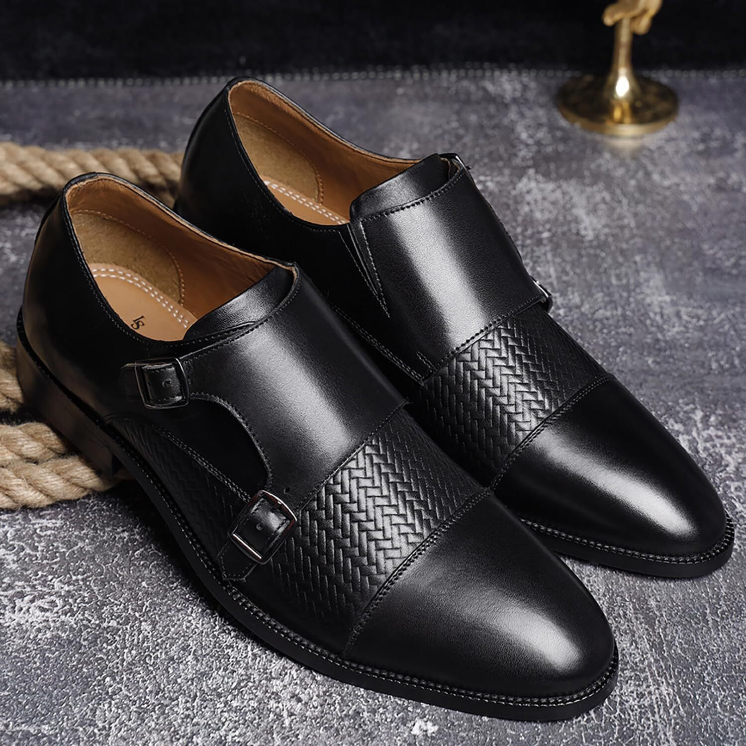 Louis Stitch Formal Shoes For Men | Italian Leather Double Monk Strap Handcrafted Shoes | Stylish Lace-Up Business, Formal, Shoes | Dual Tone Black| Uk Size 9 (Euwedmjb)