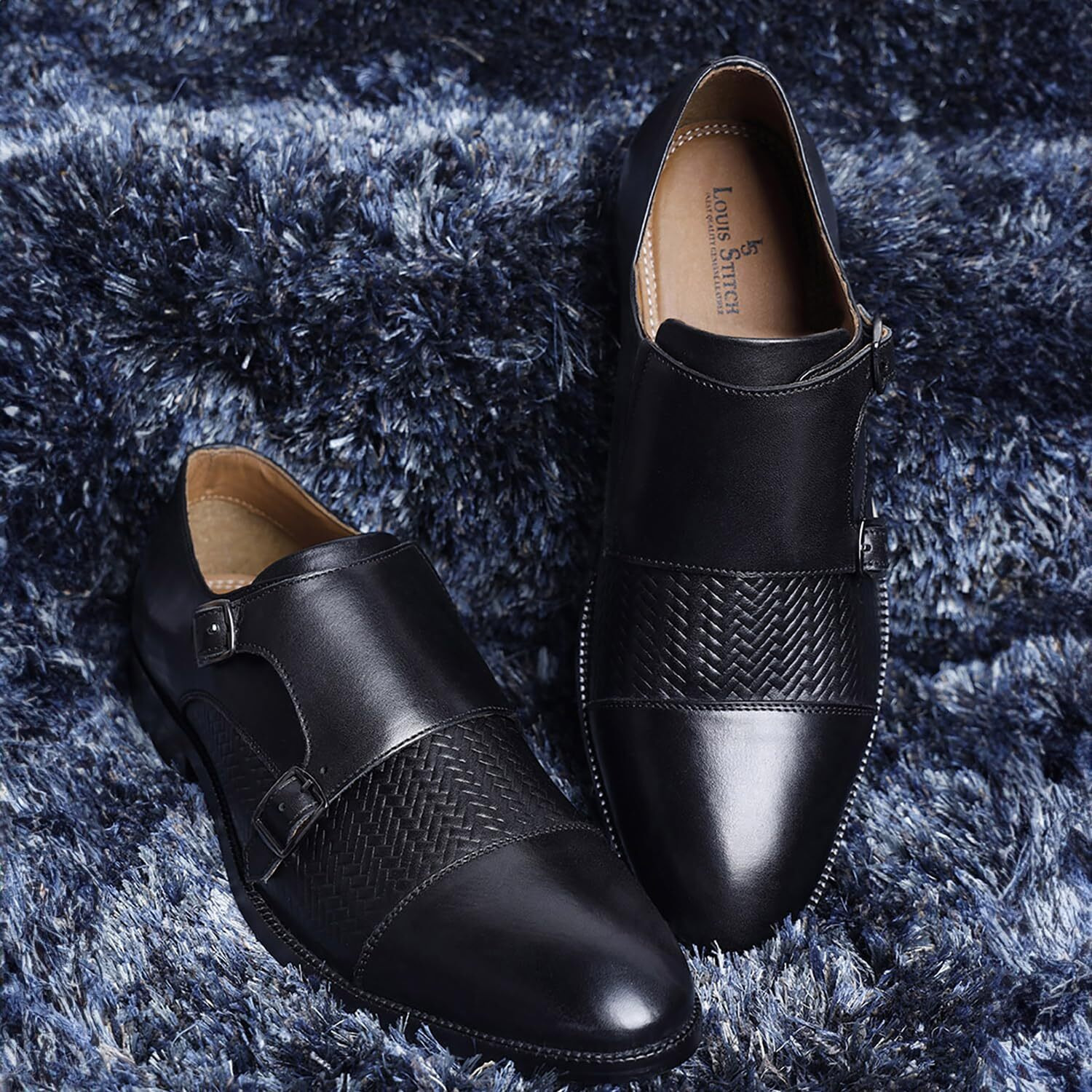 Louis Stitch Formal Shoes For Men | Italian Leather Double Monk Strap Handcrafted Shoes | Stylish Lace-Up Business, Formal, Shoes | Dual Tone Black| Uk Size 9 (Euwedmjb)