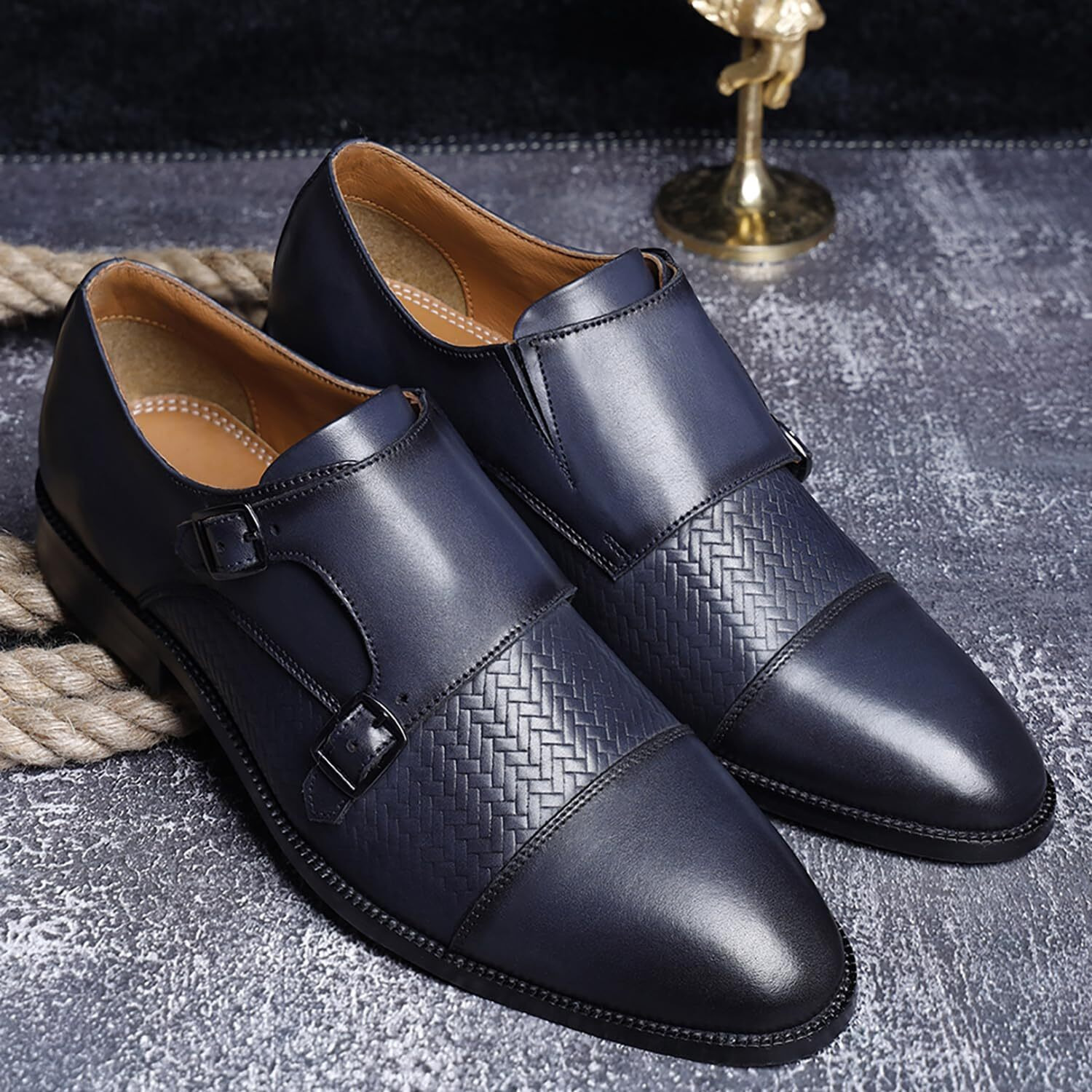 Louis Stitch Formal Shoes For Men | Italian Leather Double Monk Strap Handcrafted Shoes | Stylish Lace-Up Business, Formal, Shoes | Dual Tone Blue| Uk Size 12 (Euwedm)