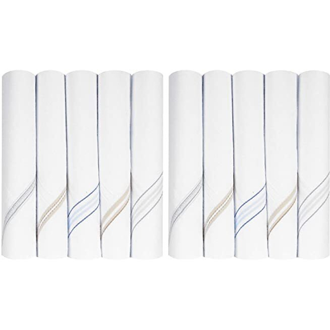 Caruso Italy Men's Premium 100% Pure Cotton Handkerchief White Base Colored Border - Pack Of 10 (44 X44 Cm)