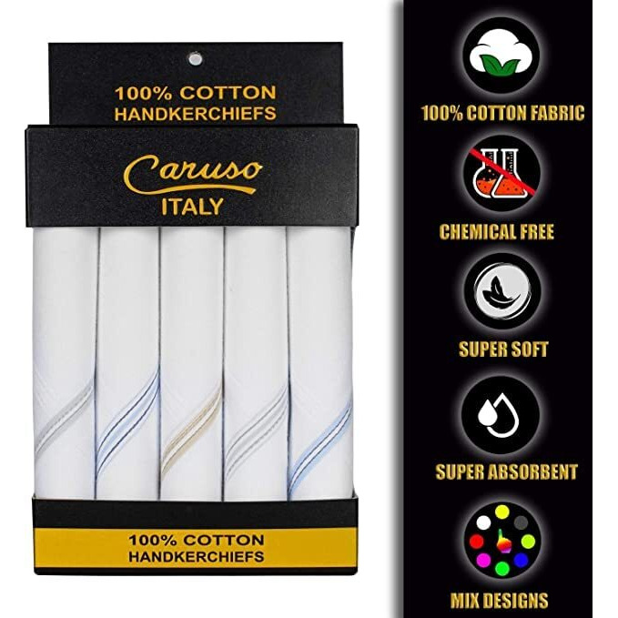 Caruso Italy Men's Premium 100% Pure Cotton Handkerchief White Base Colored Border - Pack Of 10 (44 X44 Cm)