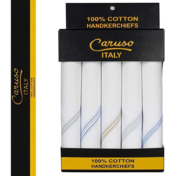 Caruso Italy Men's Premium 100% Pure Cotton Handkerchief White Base Colored Border - Pack Of 10 (44 X44 Cm)
