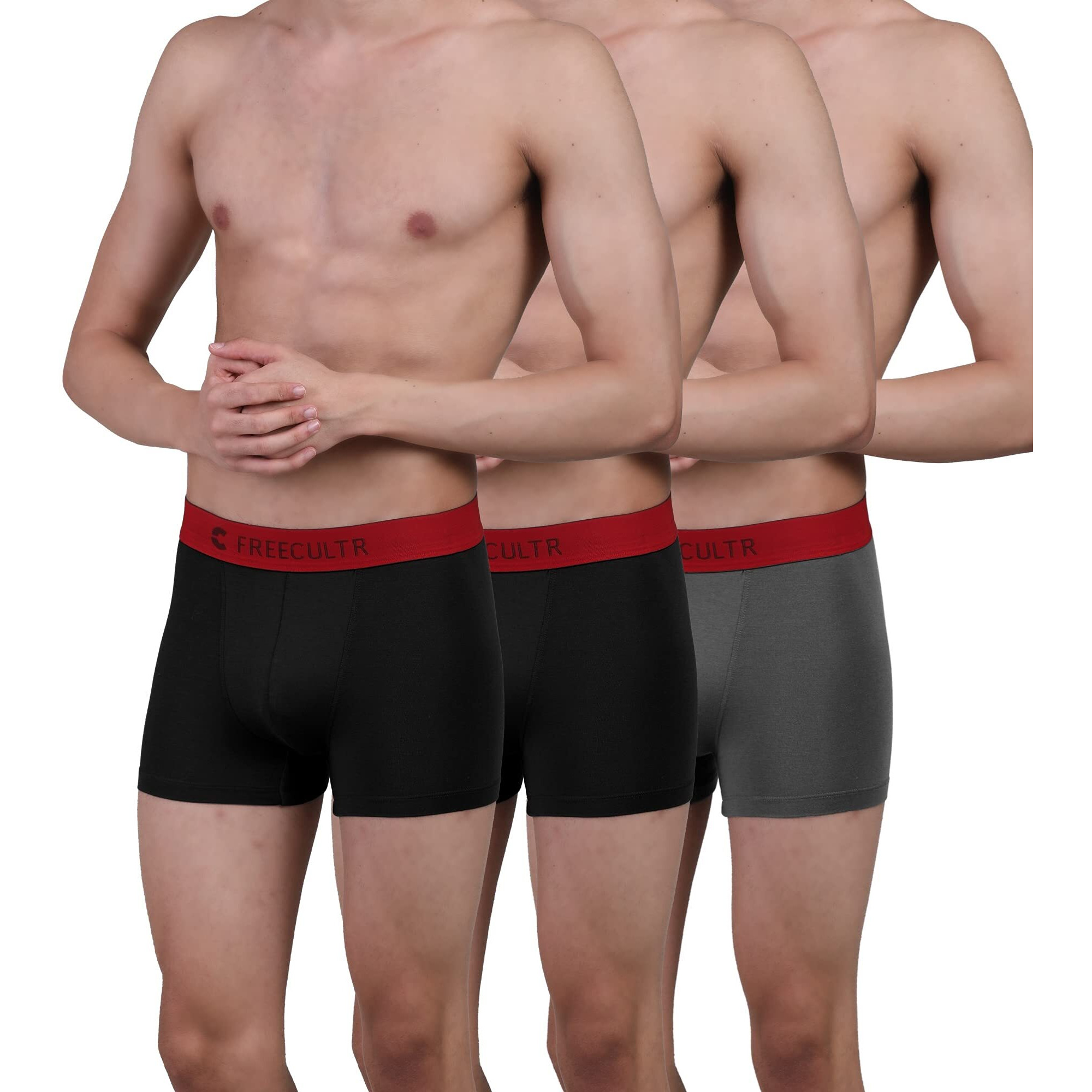 Freecultr Men's Underwear Anti Bacterial Micromodal Airsoft Trunk - Non Itch No Chaffing Sweat Proof (Royal Black, Royal Black, Royal Grey) - Pack Of 3, 100% Try On Guarantee - Made In Bharat