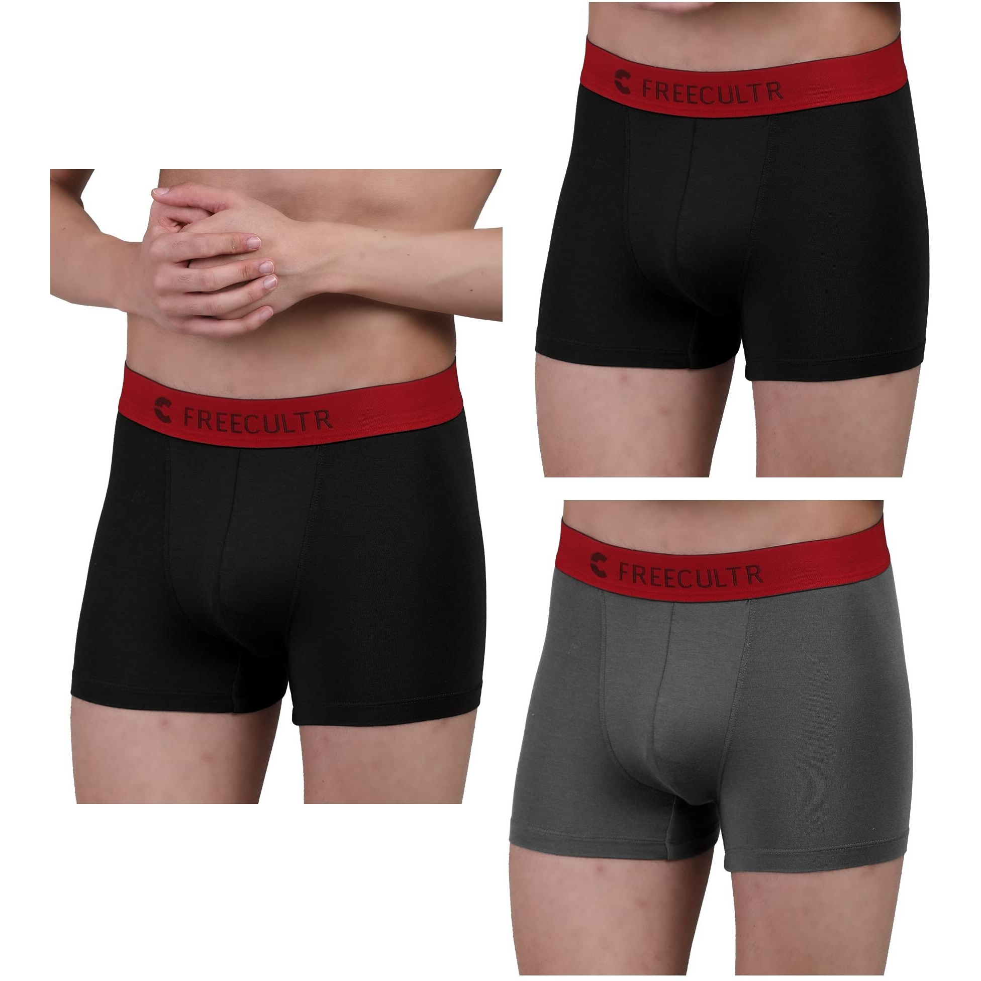 Freecultr Men's Underwear Anti Bacterial Micromodal Airsoft Trunk - Non Itch No Chaffing Sweat Proof (Royal Black, Royal Black, Royal Grey) - Pack Of 3, 100% Try On Guarantee - Made In Bharat