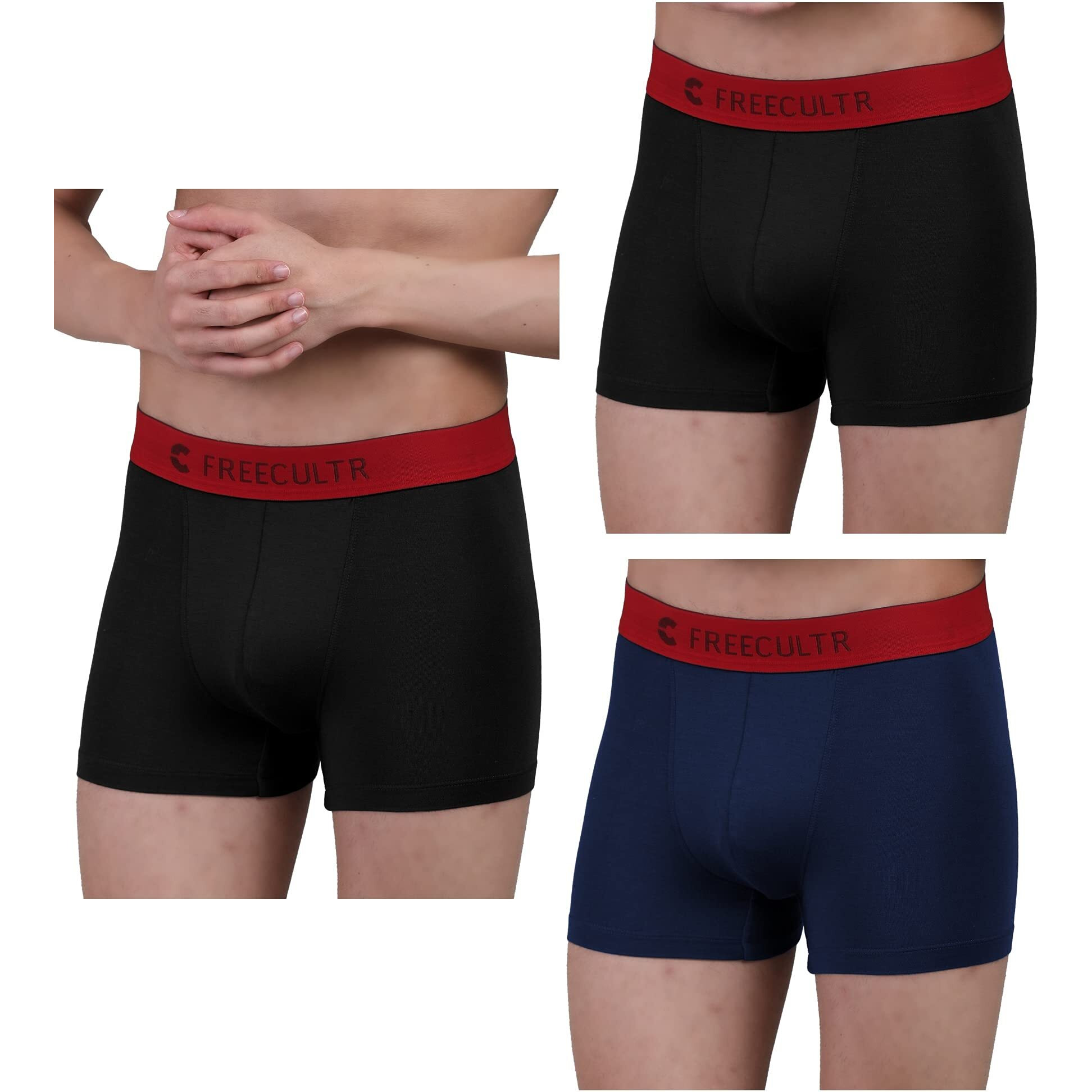 Freecultr Men's Underwear Anti Bacterial Micromodal Airsoft Trunk - Non Itch No Chaffing Sweat Proof (Royal Black, Royal Black, Royal Blue) - Pack Of 3, 100% Try On Guarantee - Made In Bharat