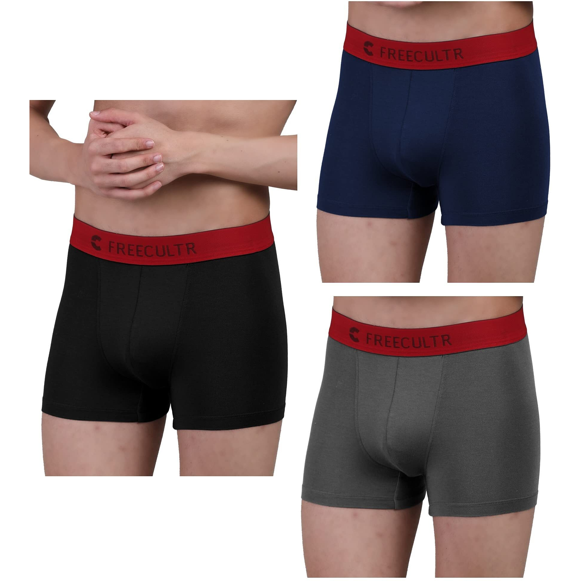 Freecultr Men's Underwear Anti Bacterial Micromodal Airsoft Trunk - Non Itch No Chaffing Sweat Proof (Royal Black, Royal Blue, Royal Grey) - Pack Of 3, 100% Try On Guarantee - Made In Bharat