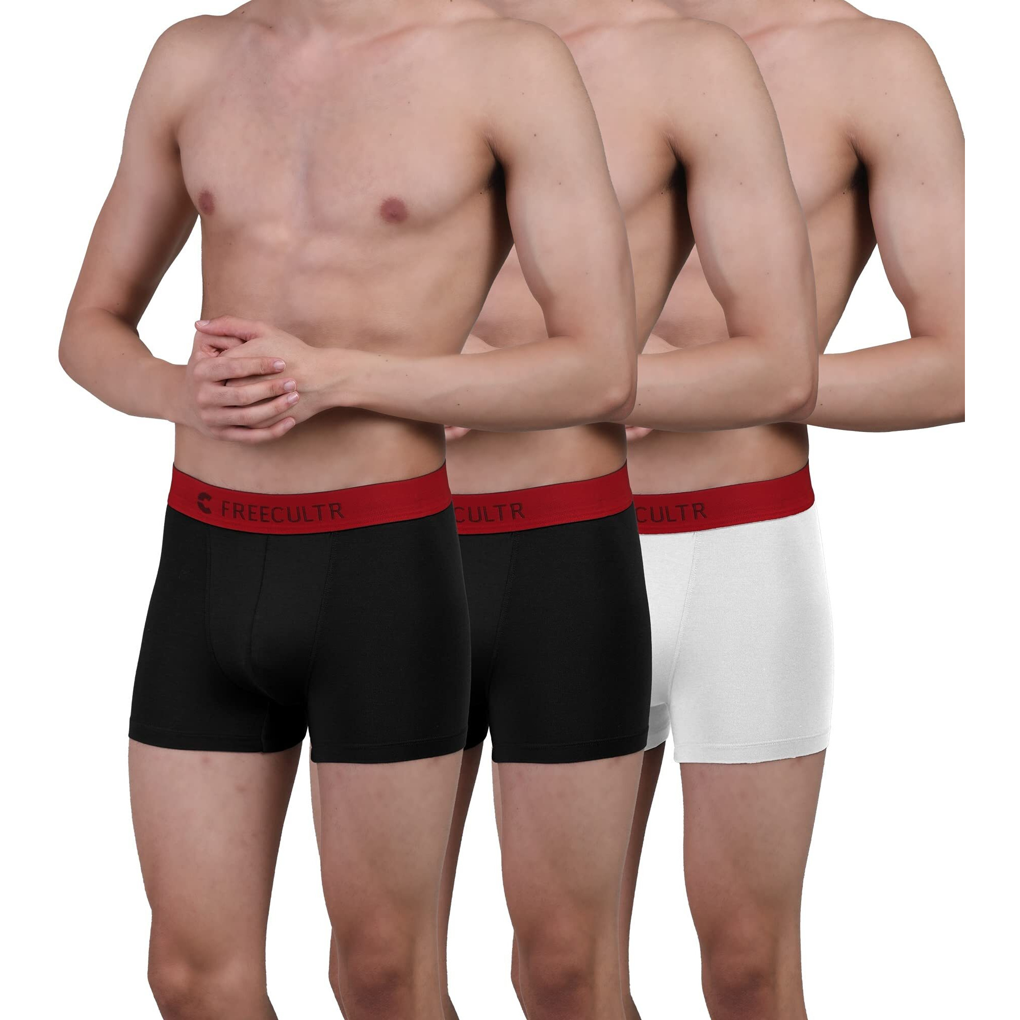 Freecultr Men's Underwear Anti Bacterial Micromodal Airsoft Trunk - Non Itch No Chaffing Sweat Proof (Royal Black, Royal Black, Royal White) - Pack Of 3, 100% Try On Guarantee - Made In Bharat