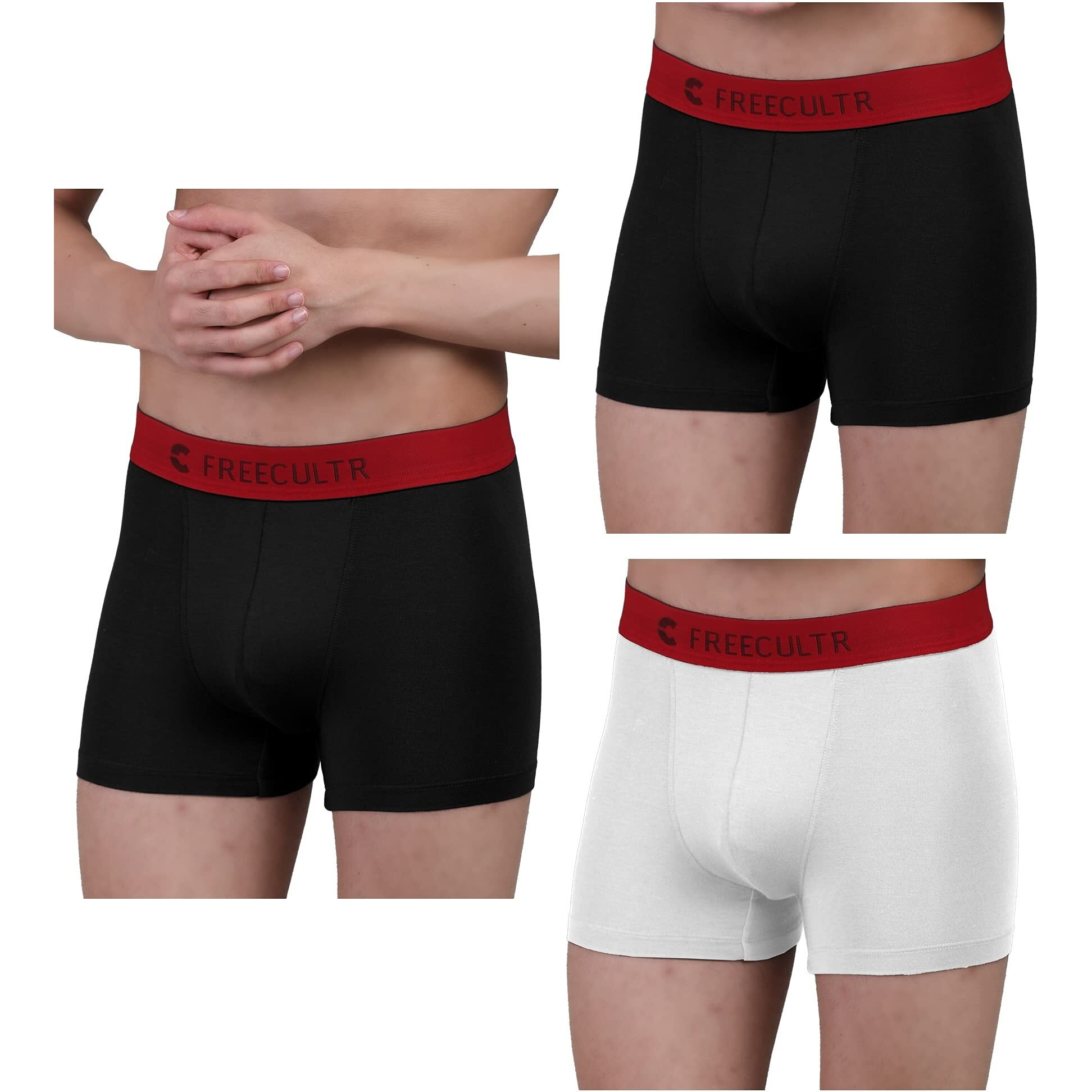 Freecultr Men's Underwear Anti Bacterial Micromodal Airsoft Trunk - Non Itch No Chaffing Sweat Proof (Royal Black, Royal Black, Royal White) - Pack Of 3, 100% Try On Guarantee - Made In Bharat
