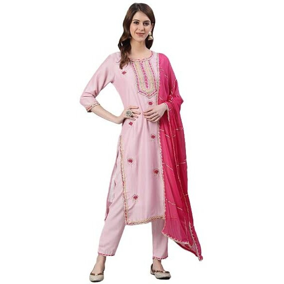 Ishin Women's Viscose Rayon Embroidered A-Line Kurta Suit Set With Dupatta & Pants Kpldpnkmp-10063_Xl_Pink