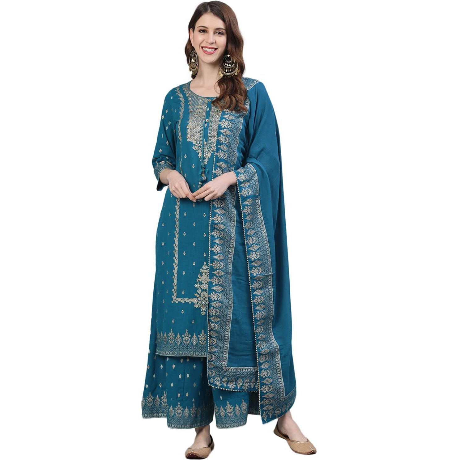 Ishin Women's Cotton Embroidered A-Line Kurta Suit Set With Dupatta & Sharara Xykplpmmp-3017D_Xxl_Teal