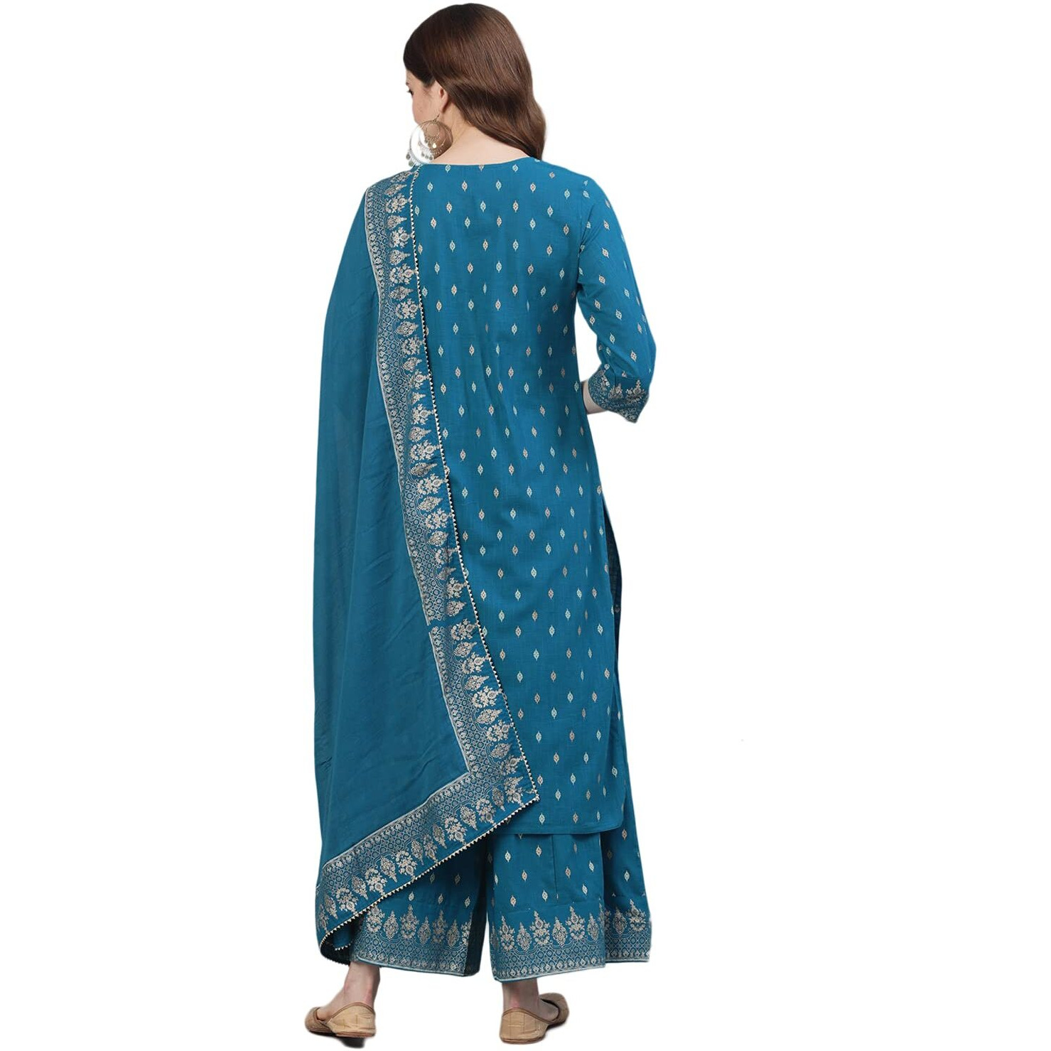 Ishin Women's Cotton Embroidered A-Line Kurta Suit Set With Dupatta & Sharara Xykplpmmp-3017D_L_Teal