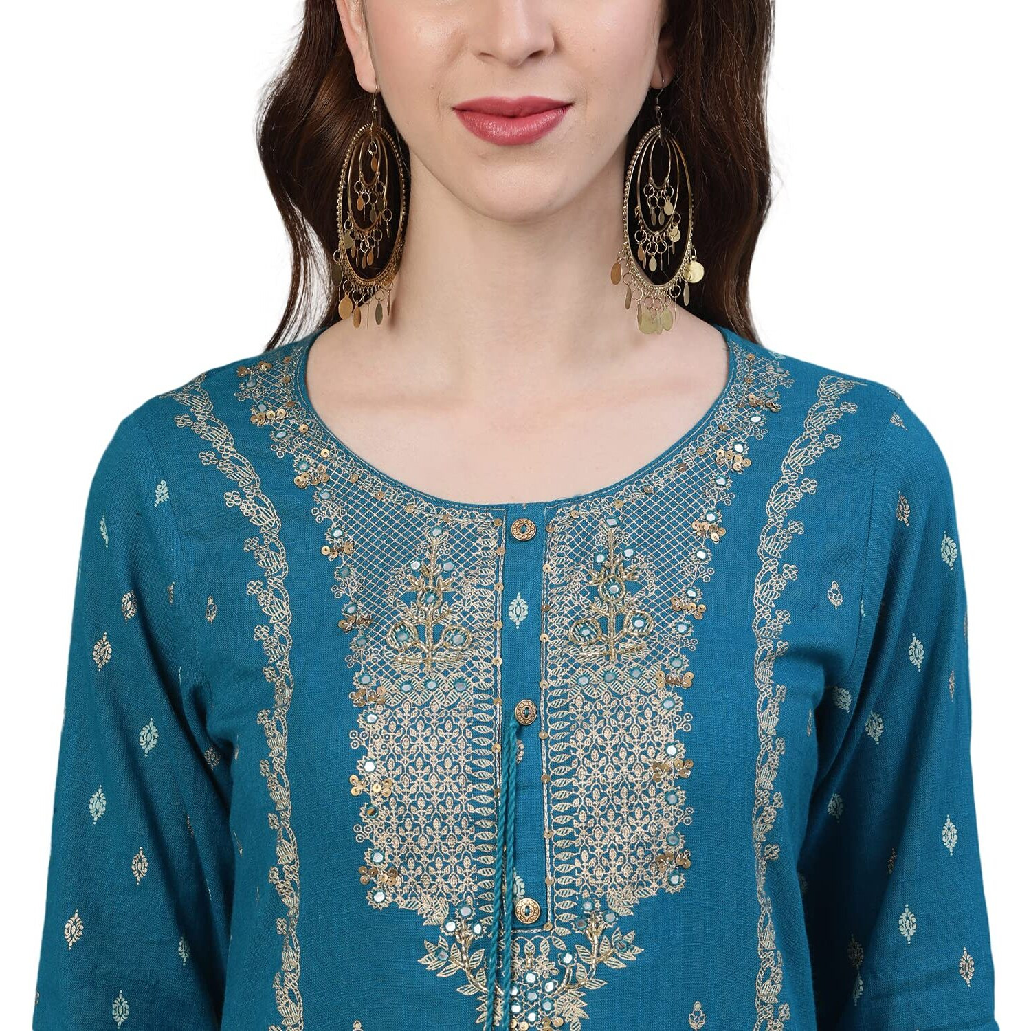 Ishin Women's Cotton Embroidered A-Line Kurta Suit Set With Dupatta & Sharara Xykplpmmp-3017D_L_Teal