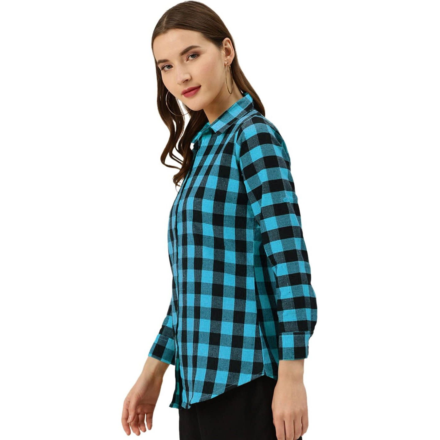 Vastraa Fusion Women's Cotton Regular Check Shirt/Top (Sky Blue & Black, Size - Xxl)