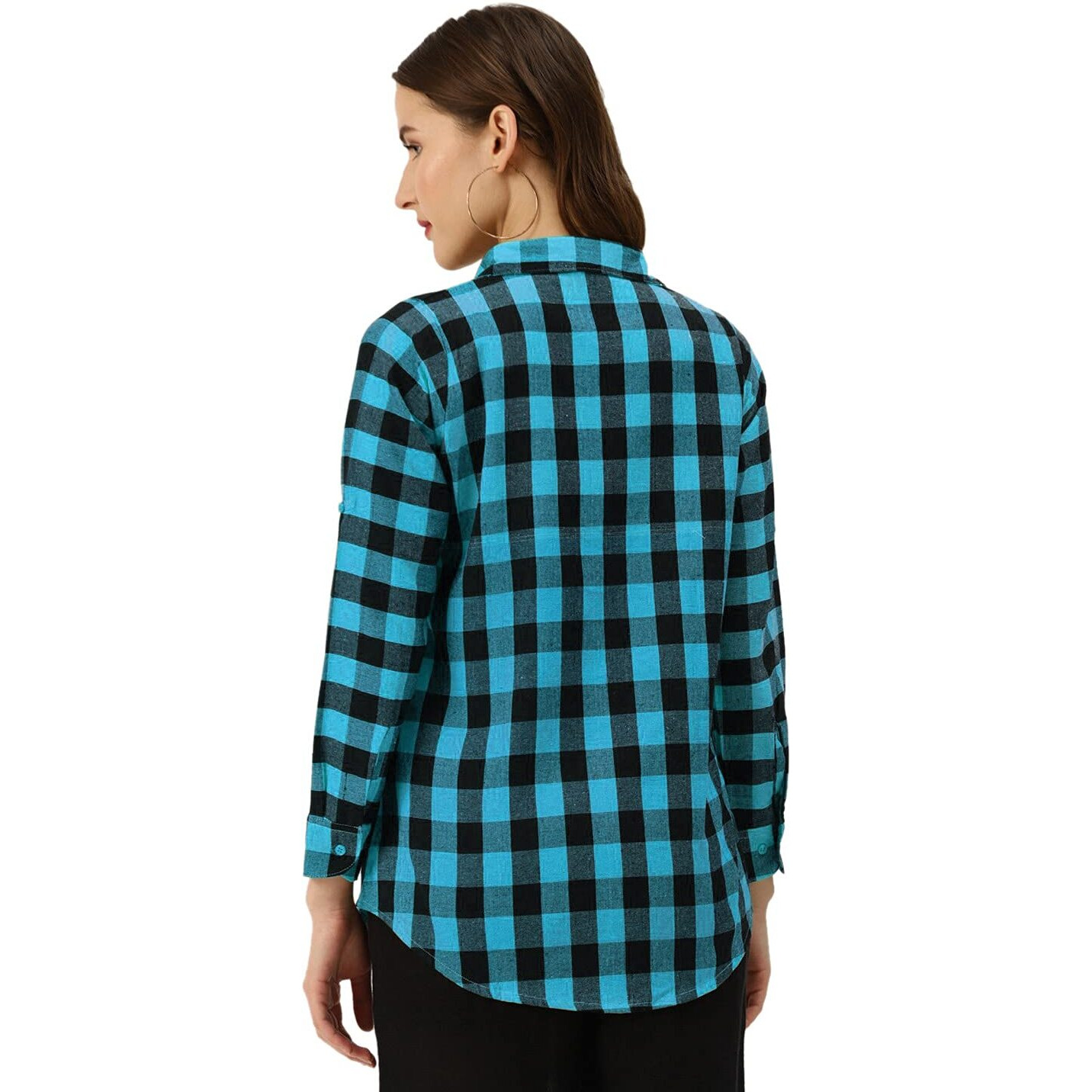 Vastraa Fusion Women's Cotton Regular Check Shirt/Top (Sky Blue & Black, Size - Xxl)