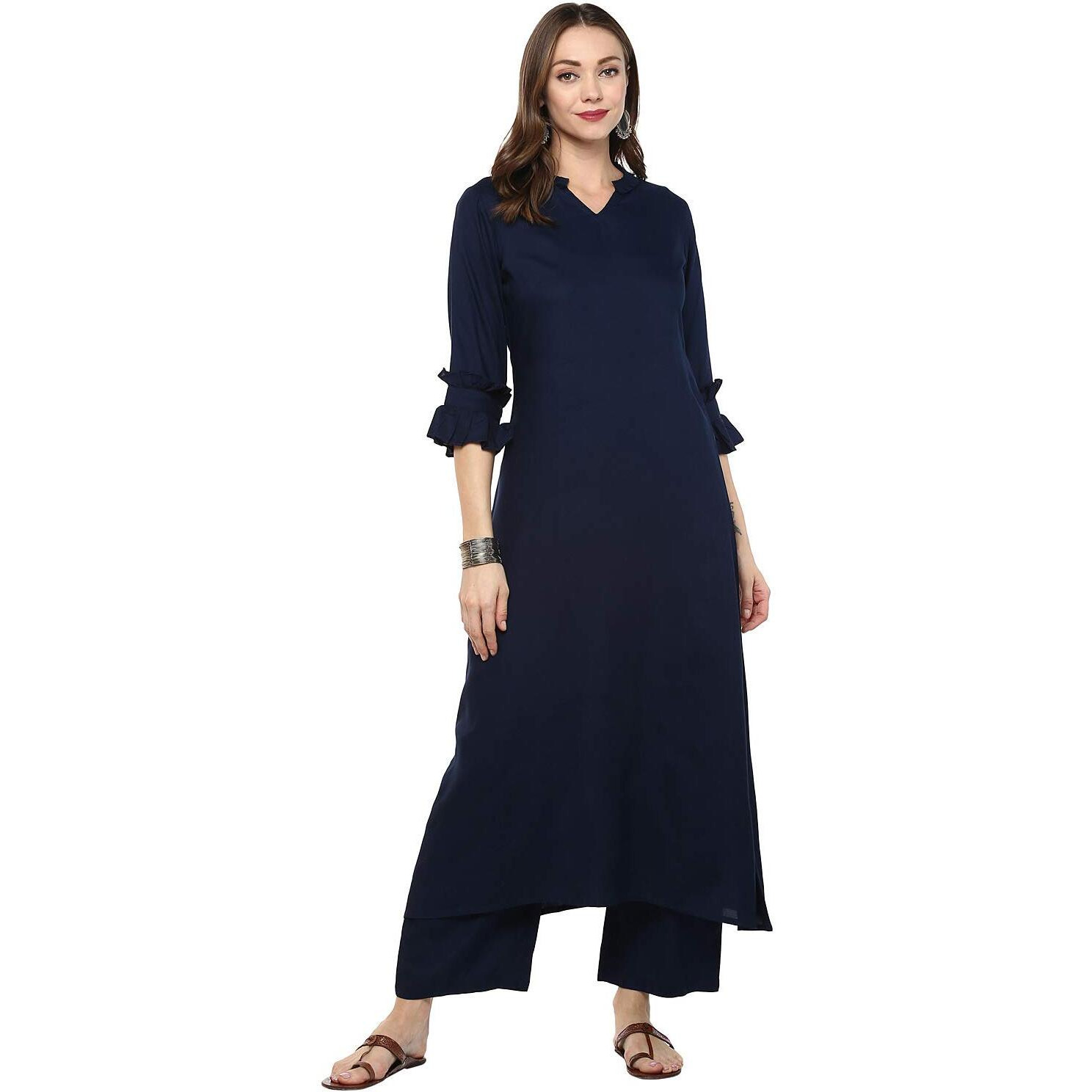 Idalia Rayon Solid Straight Kurta Set For Women 3/4 Sleeve, Round V Neck Designer Kurta With Pant