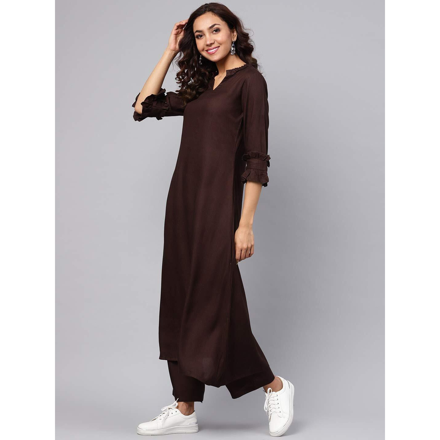 Idalia Maroon Rayon Solid Straight Kurta Set For Women 3/4 Sleeve, Round V Neck Designer Kurta With Pant