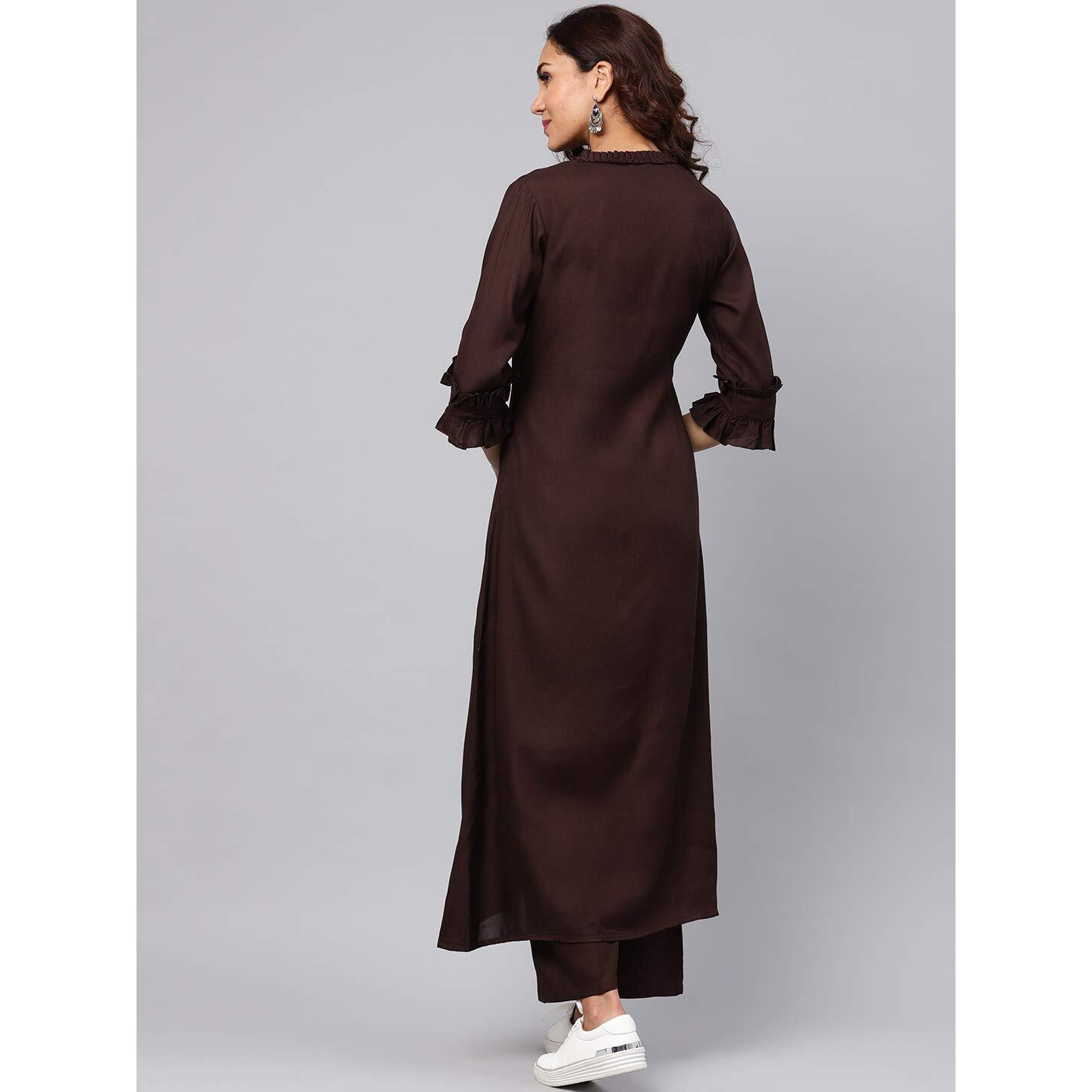Idalia Maroon Rayon Solid Straight Kurta Set For Women 3/4 Sleeve, Round V Neck Designer Kurta With Pant
