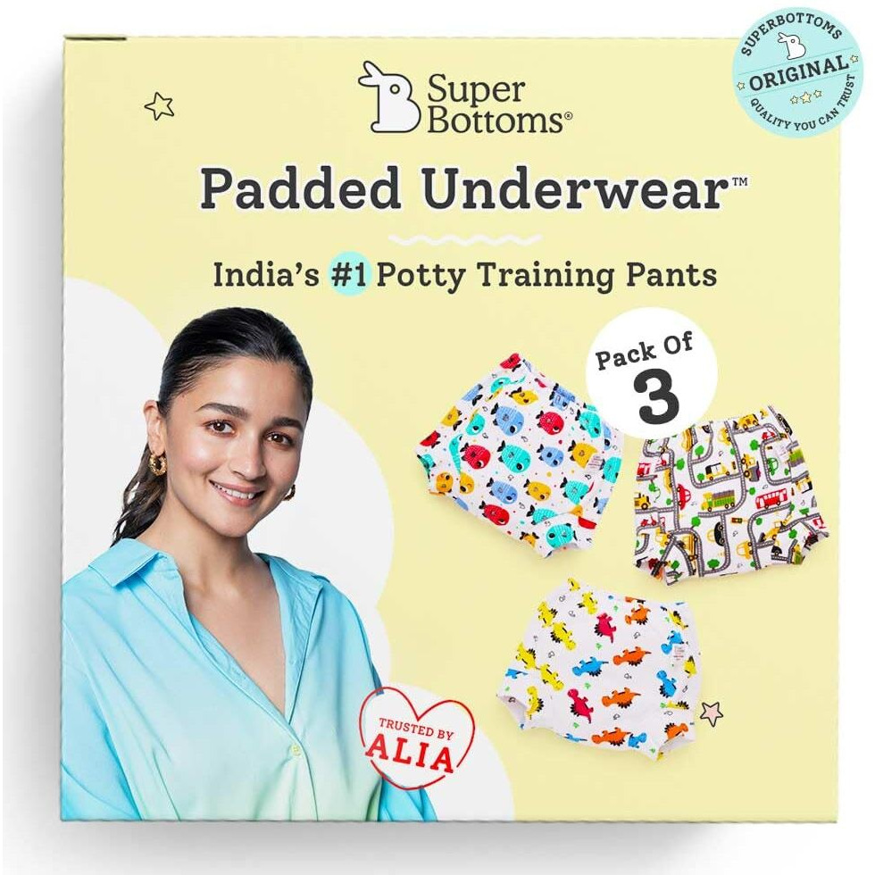 Superbottoms Padded Underwear | For Potty Training & Mess-Free Diaper-Free Time | Prevents Pee Puddles | 3 Layers Of Premium Cotton Padding (No Sponge) | (Striking Whites, Size 0, Pack Of 3)