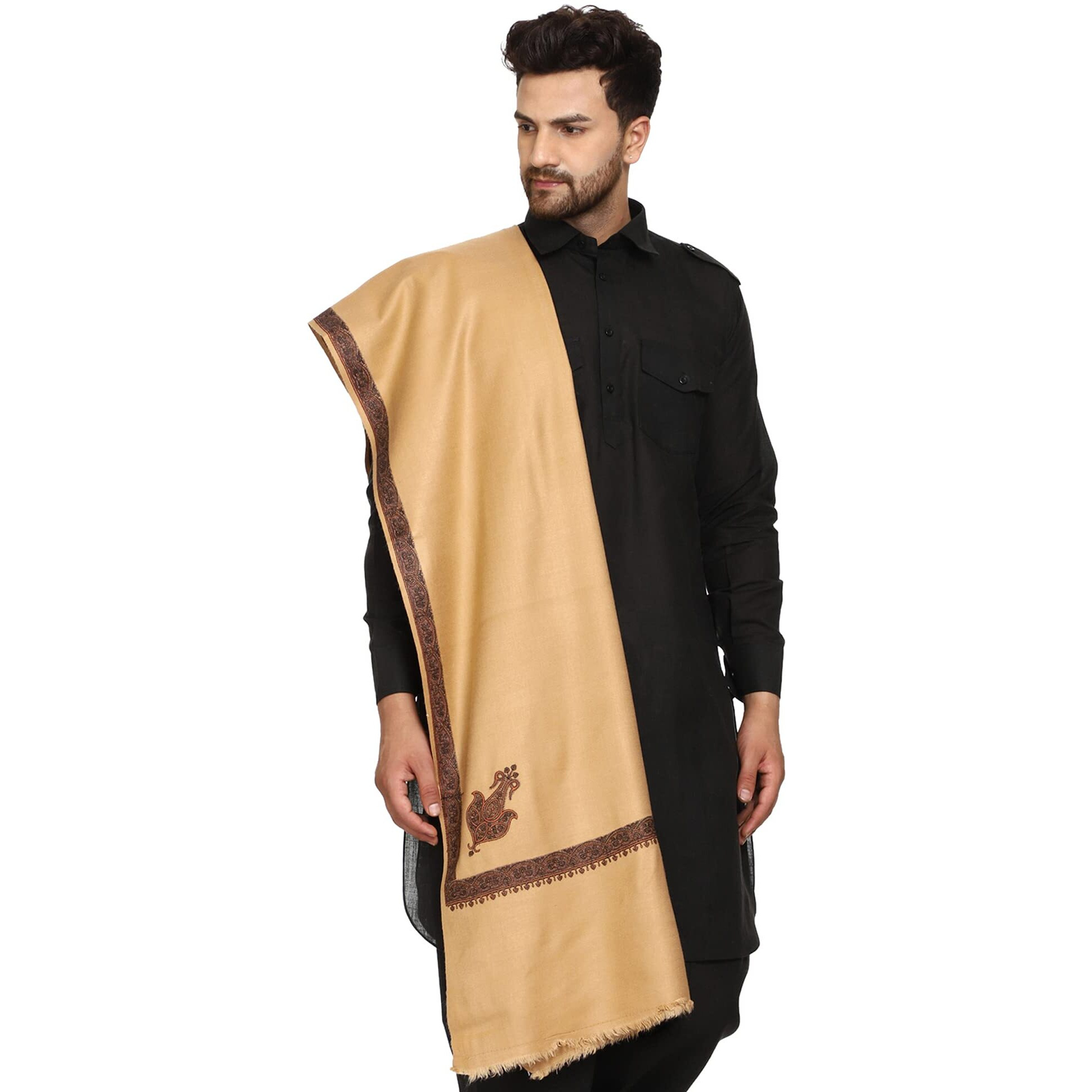 Swi With Label Men's Kashmiri Embroidered Wool Shawl (Gc106_Beige_Free Size)