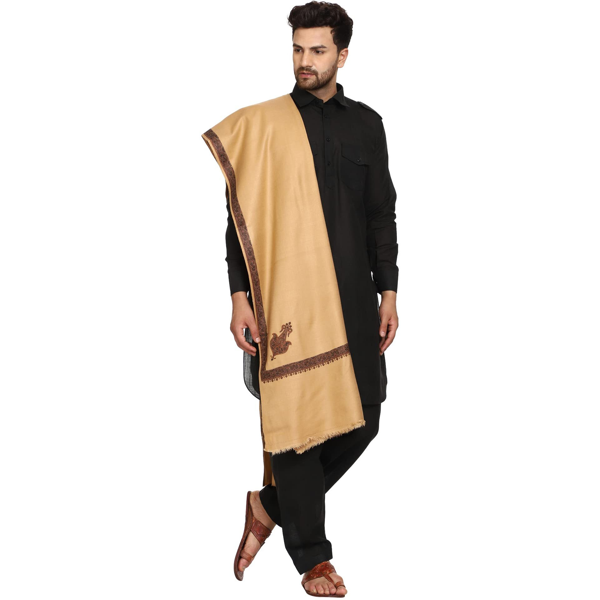 Swi With Label Men's Kashmiri Embroidered Wool Shawl (Gc106_Beige_Free Size)