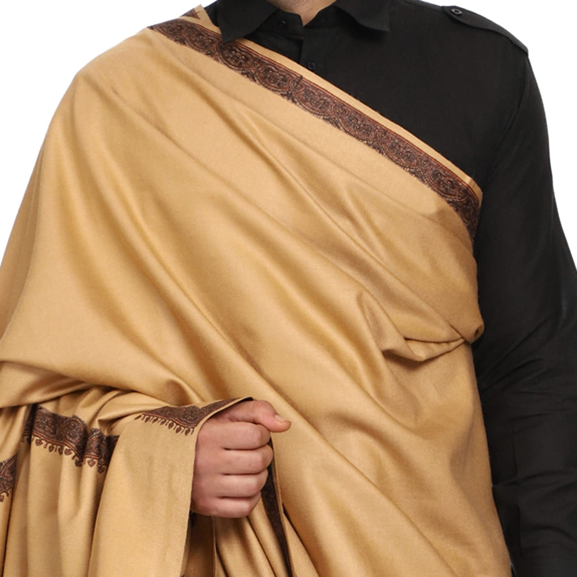 Swi With Label Men's Kashmiri Embroidered Wool Shawl (Gc106_Beige_Free Size)