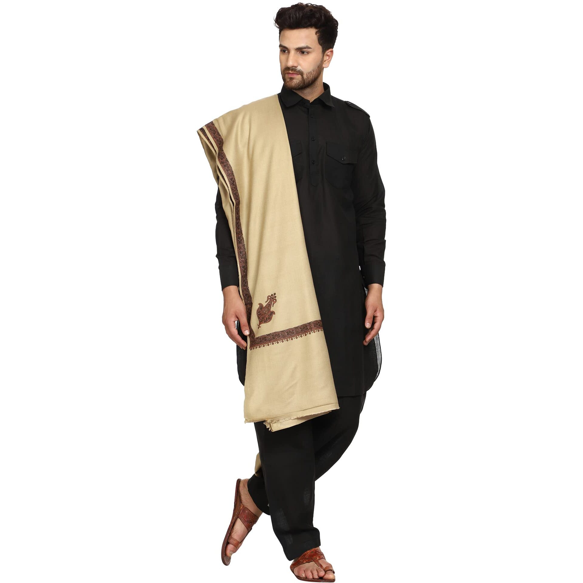 Swi With Label Men's Kashmiri Embroidered Wool Shawl (Gc106_Deep Grey_Free Size)