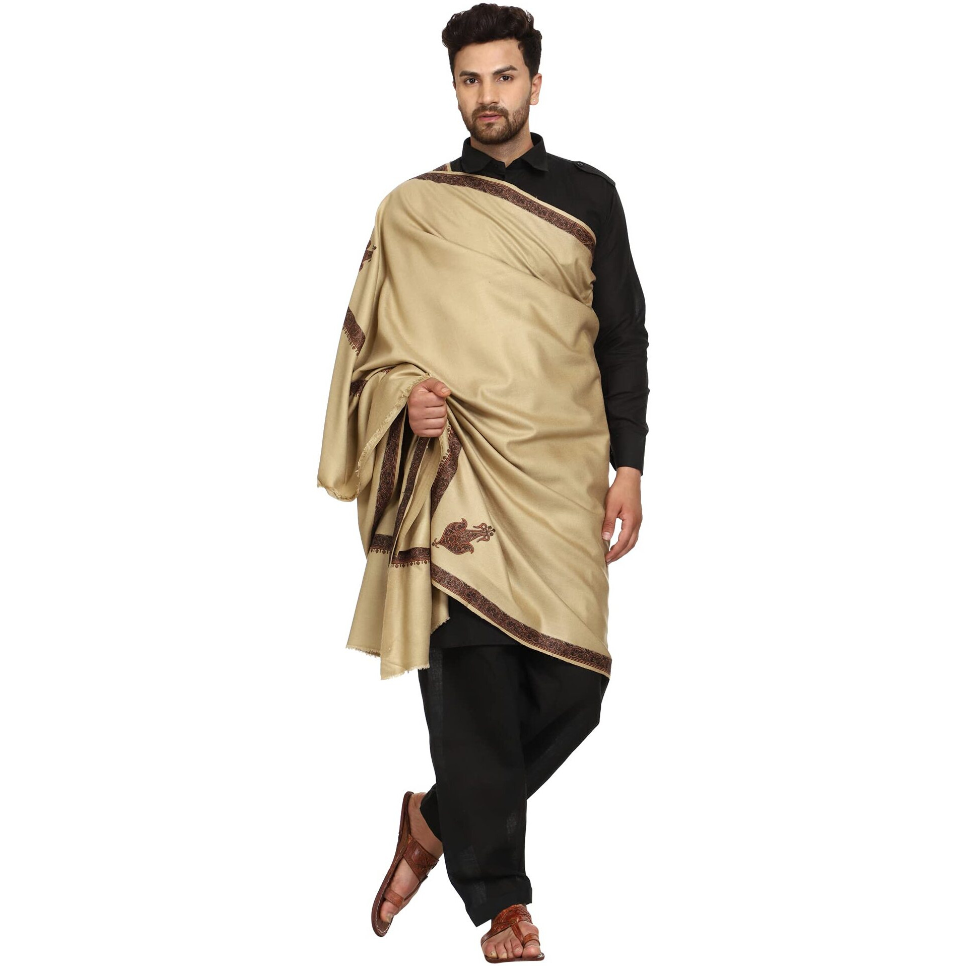 Swi With Label Men's Kashmiri Embroidered Wool Shawl (Gc106_Deep Grey_Free Size)