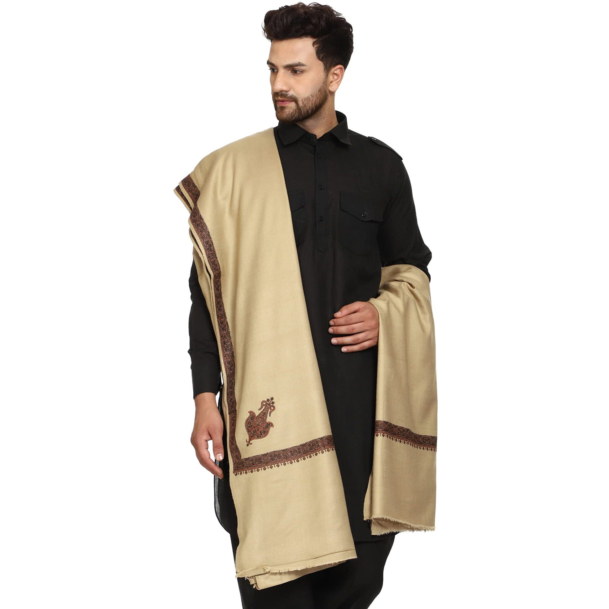 Swi With Label Men's Kashmiri Embroidered Wool Shawl (Gc106_Deep Grey_Free Size)