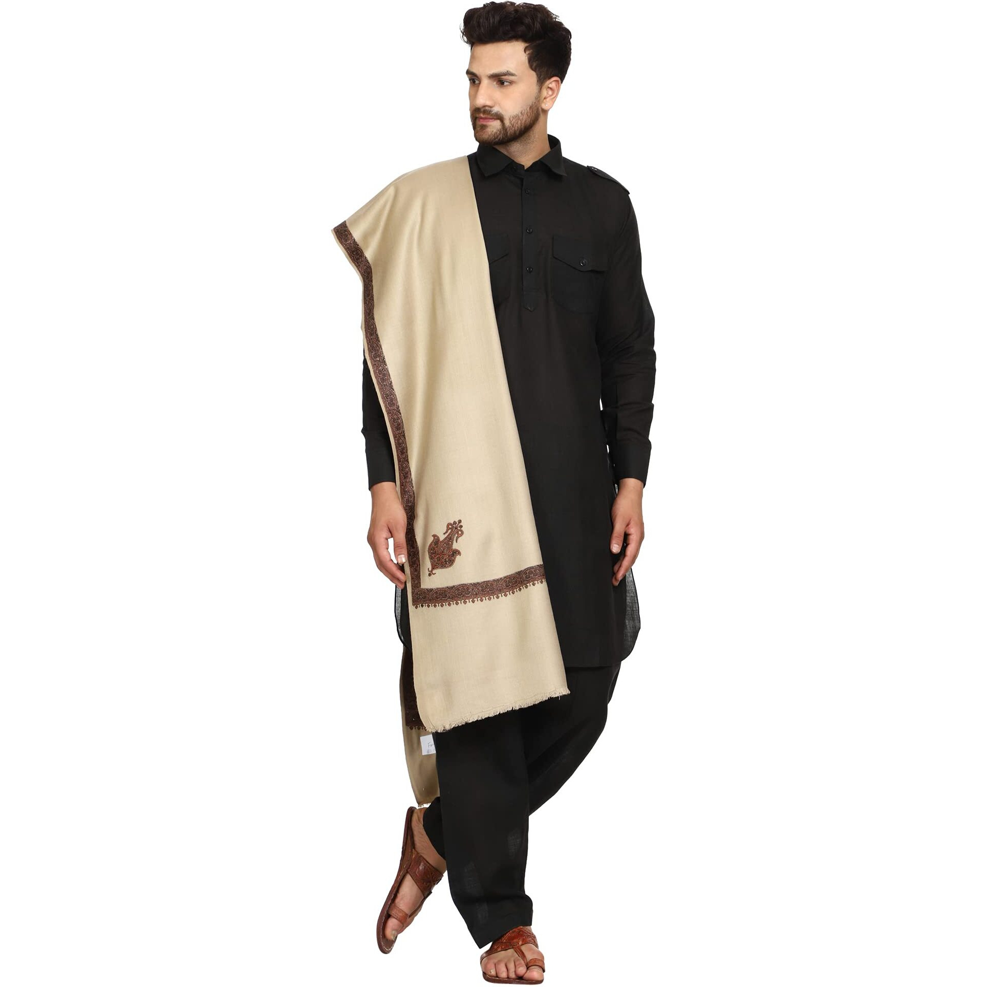 Swi With Label Men's Kashmiri Embroidered Wool Shawl (Gc106_Deep Beige_Free Size)