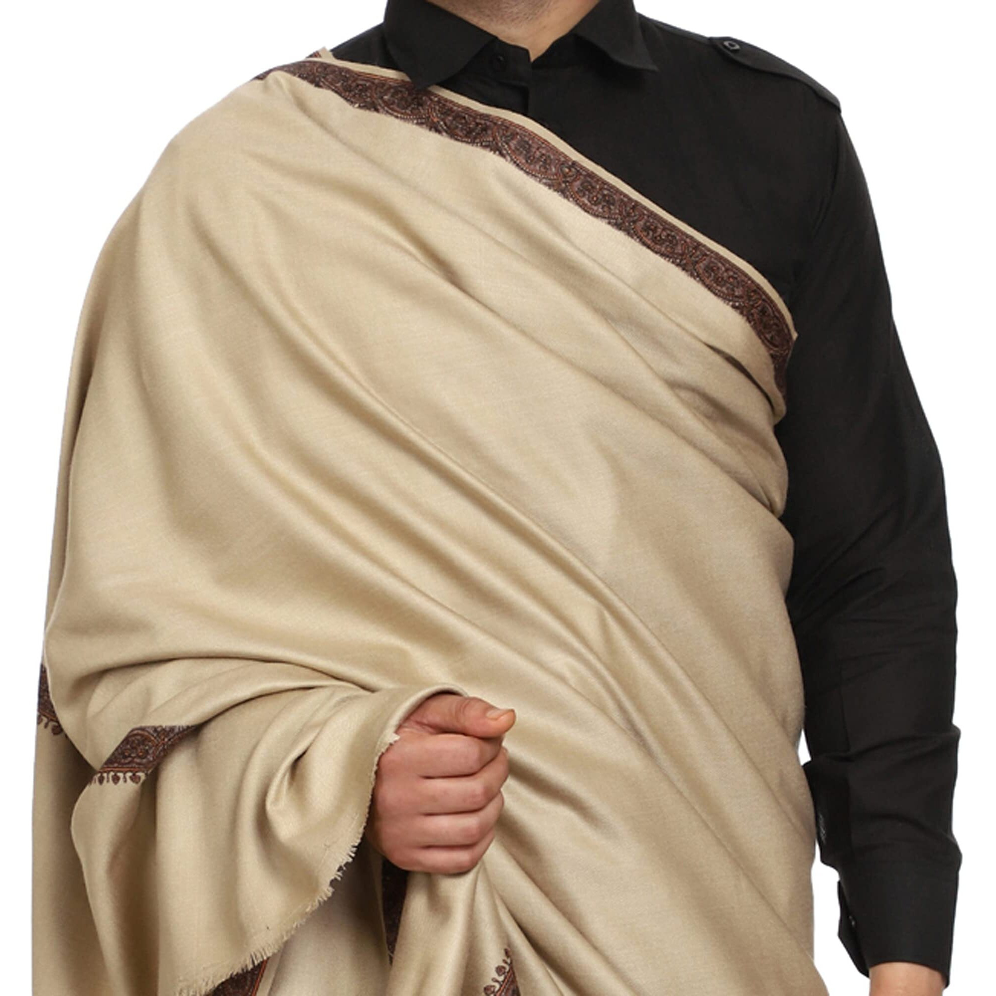 Swi With Label Men's Kashmiri Embroidered Wool Shawl (Gc106_Deep Beige_Free Size)