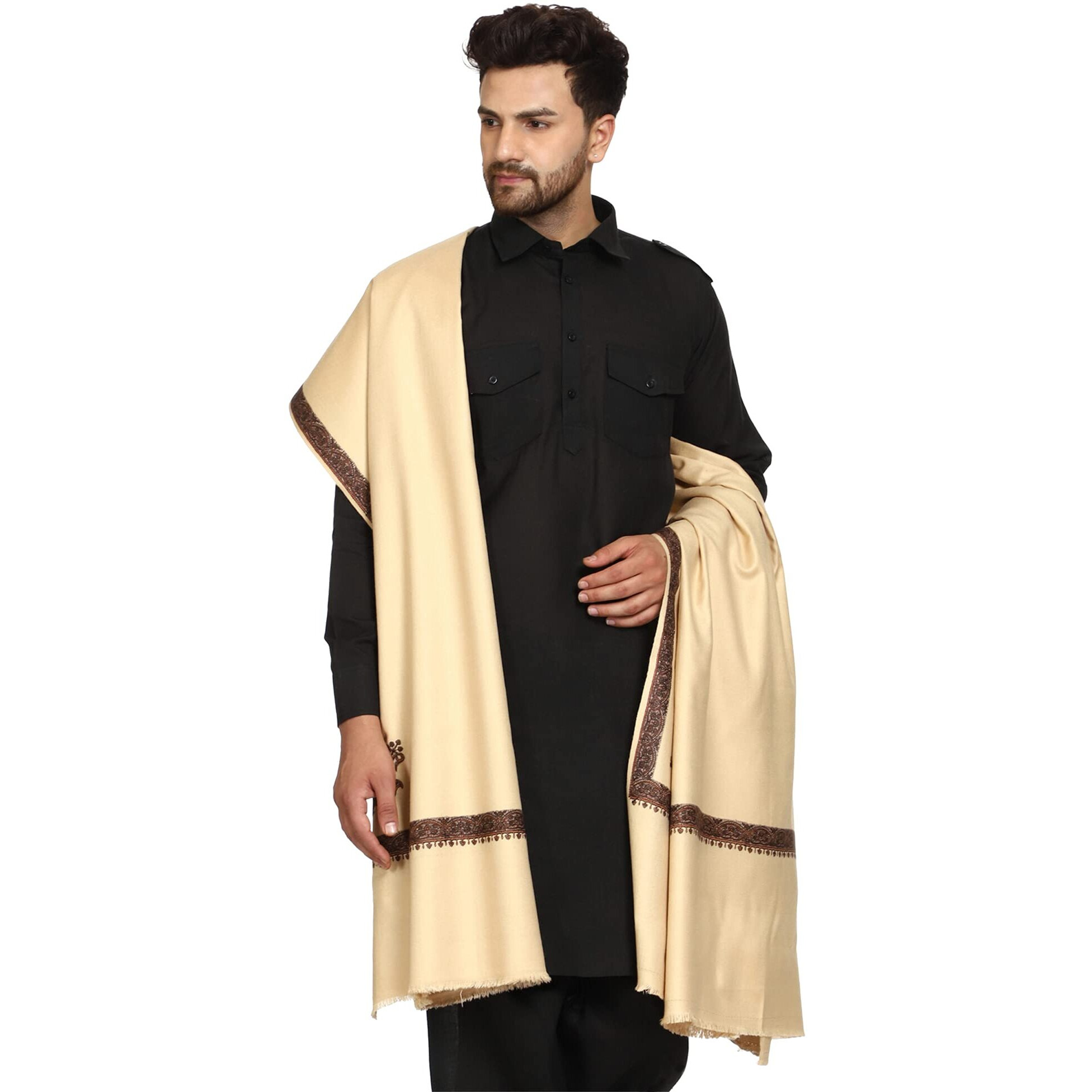 Swi With Label Men's Kashmiri Embroidered Wool Shawl (Gc106_Dark Beige_Free Size)